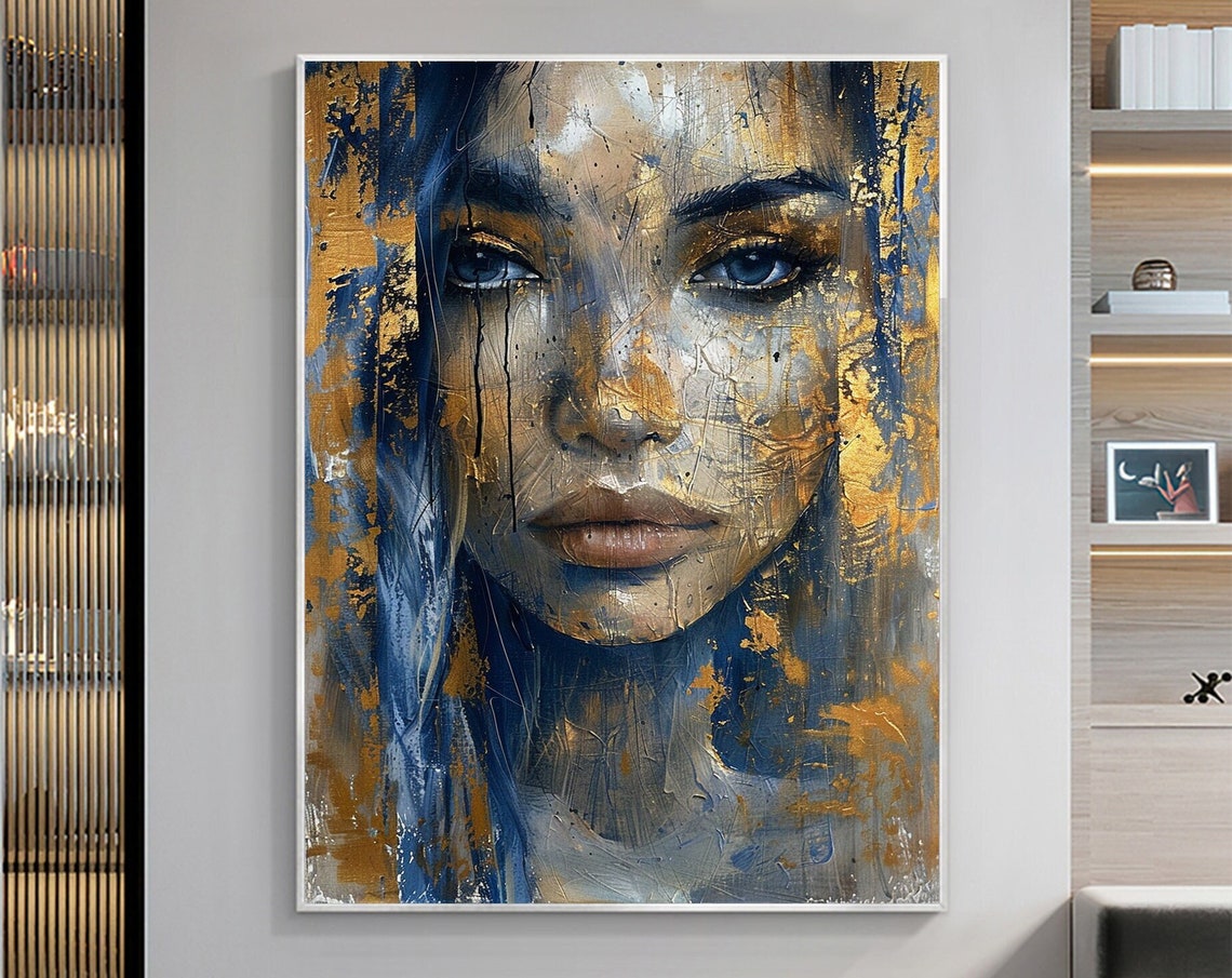 Woman Face Closeup Gold Blue Textured Abstract Portrait Poster