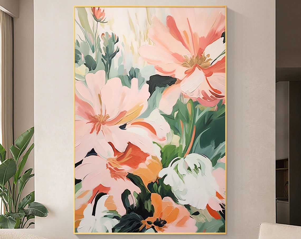 Soft Pink Blossoms Vertical Abstract Floral Oil Painting Poster