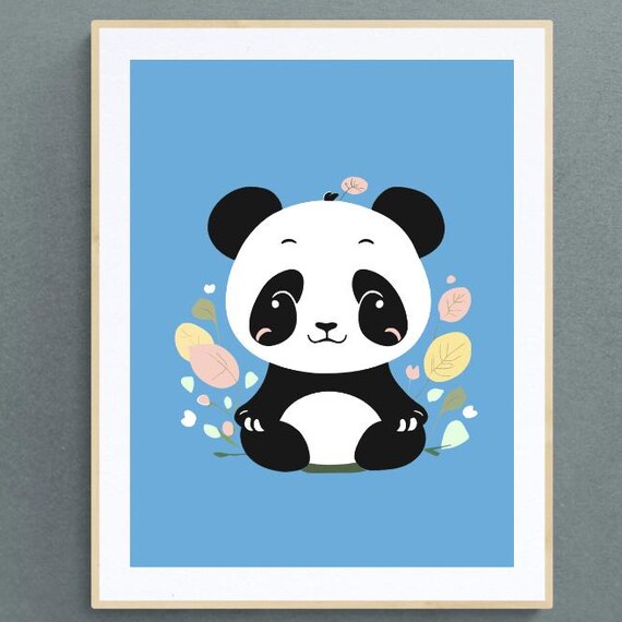 Adorable Panda Nursery Print Sky Blue Baby Animal Wall Art