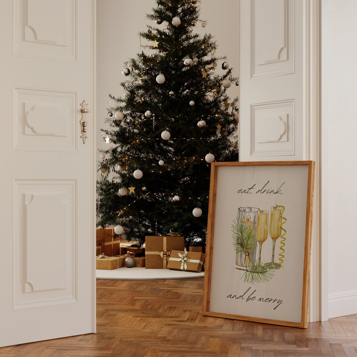 Eat Drink And Be Merry Champagne Candle Pine Watercolor Christmas Poster - Image 3
