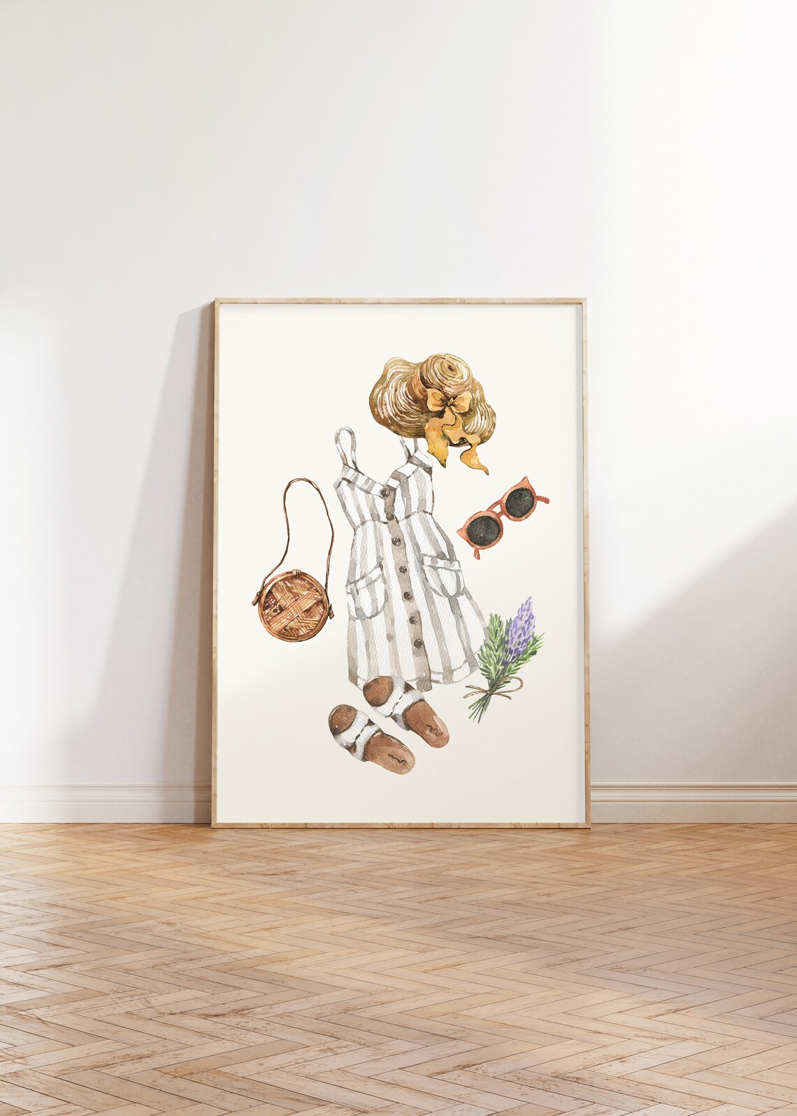 Striped Sundress Straw Hat Rattan Bag Summer Outfit Watercolor Poster - Image 4