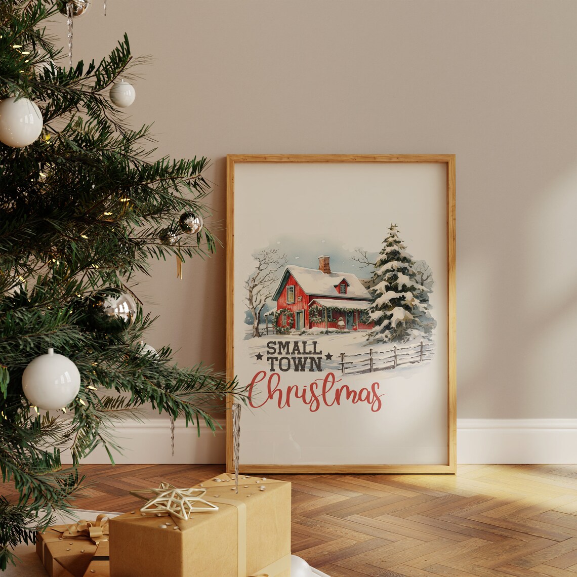 Small Town Christmas Snowy Red Farmhouse Winter Watercolor Poster - Image 4