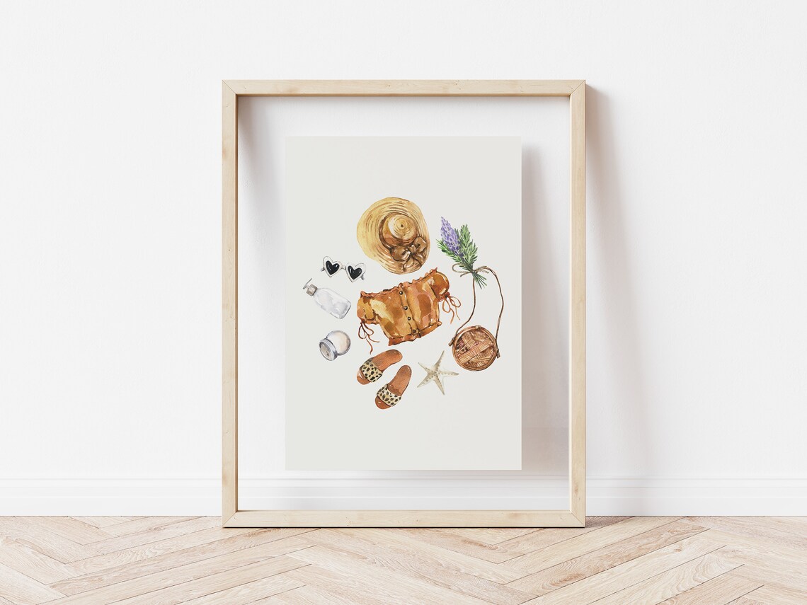 Summer Beach Outfit Amber Cami Leopard Slides Rattan Bag Watercolor Poster - Image 4