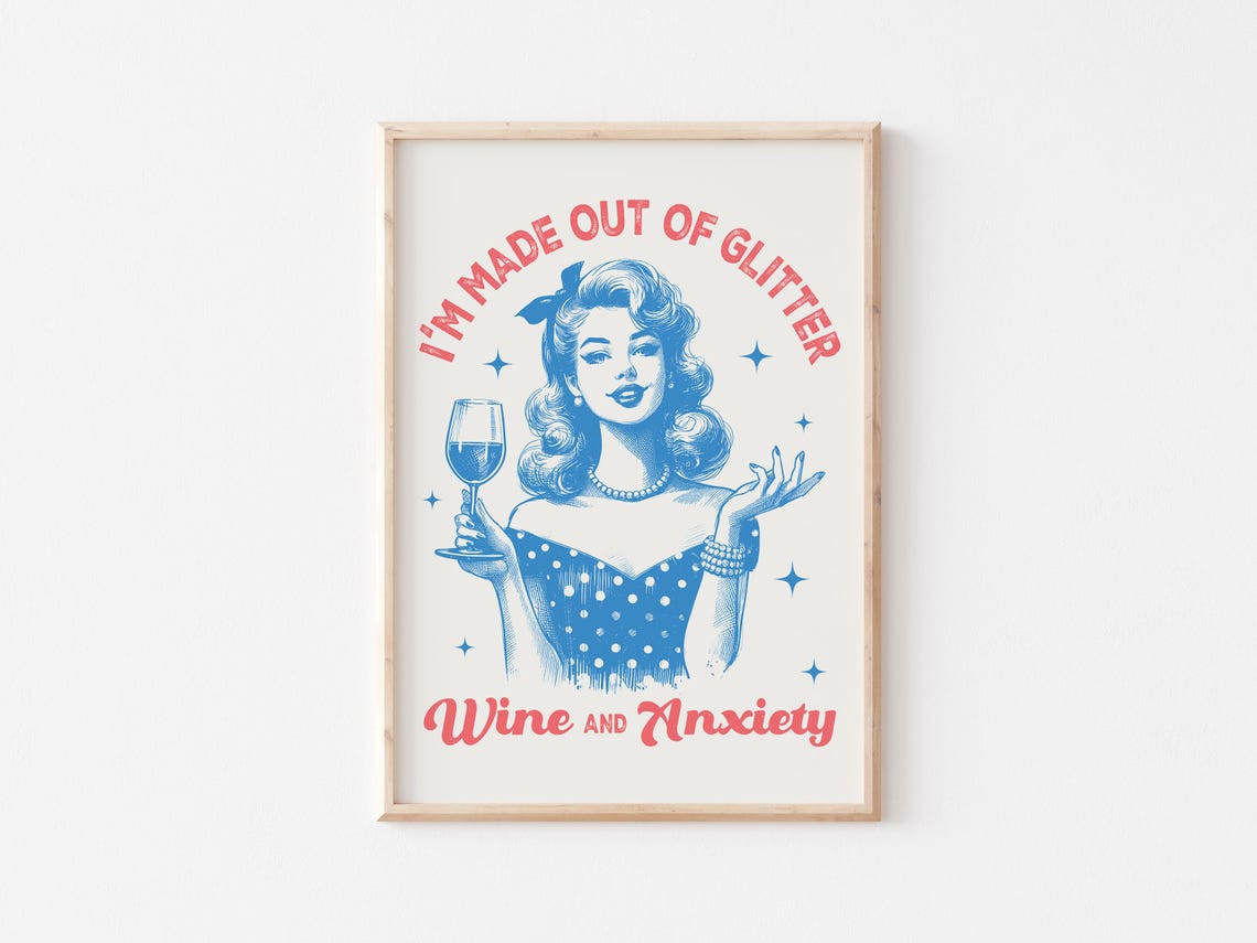 I'm Made Out Of Glitter Wine and Anxiety Red Script Retro Quote Poster - Image 2