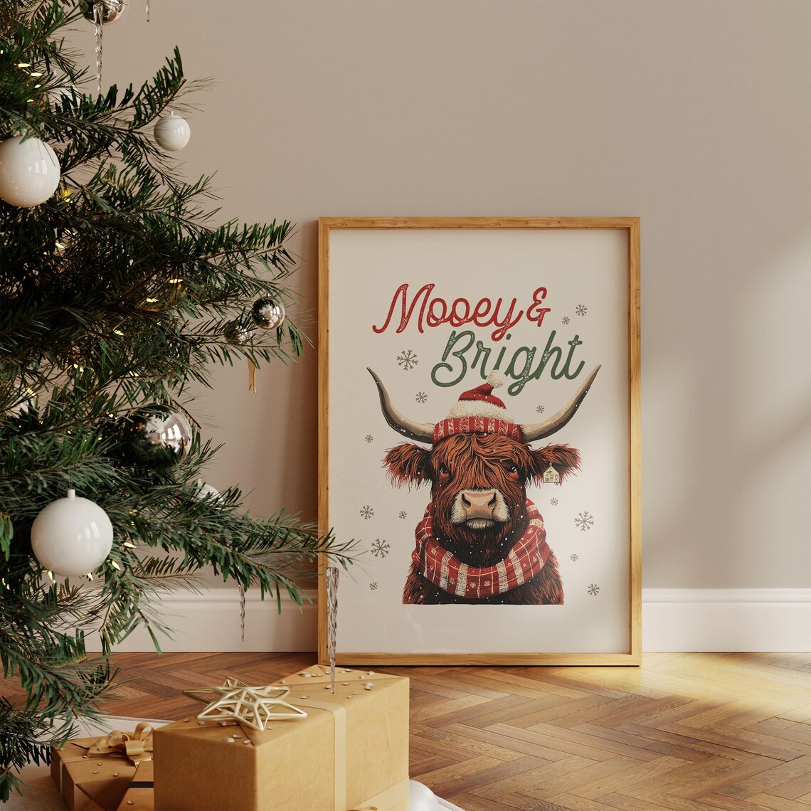 Mooey Christmas Farm, Funny Christmas Cow Art Print - Image 4