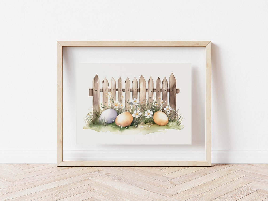 Pastel Easter Eggs Nestled In Grass By White Picket Fence Poster - Image 2