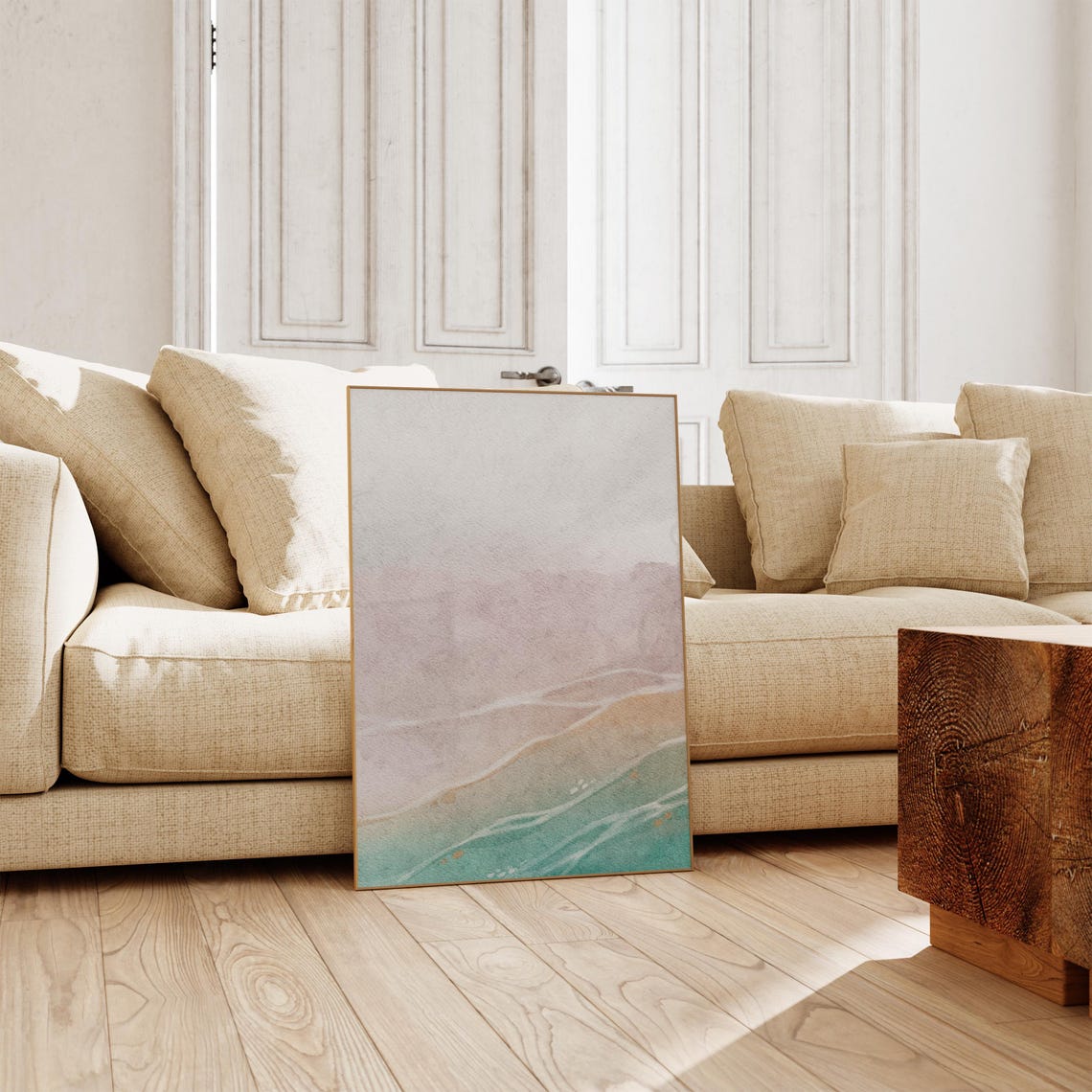 Dreamy Blush Pink Sky Over Gold Sand And Teal Ocean Waves Print - Image 3