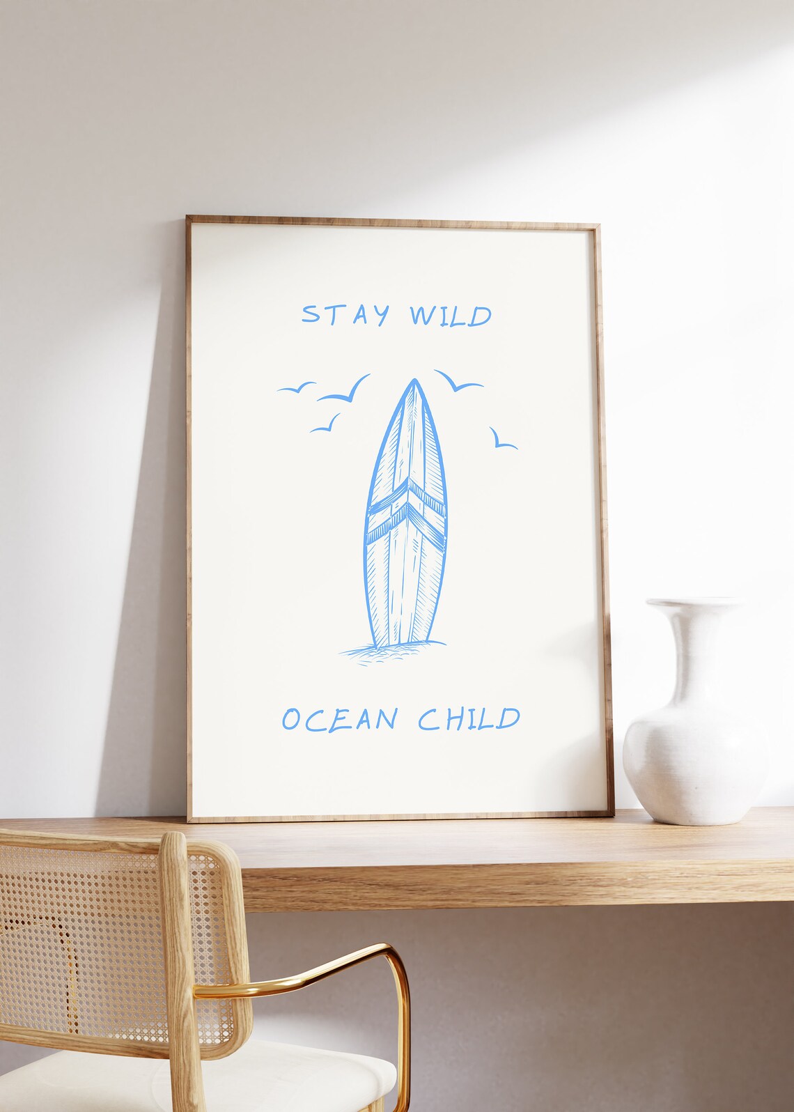 Stay Wild Ocean Child Blue Surfboard Sketch Beach House Poster - Image 4