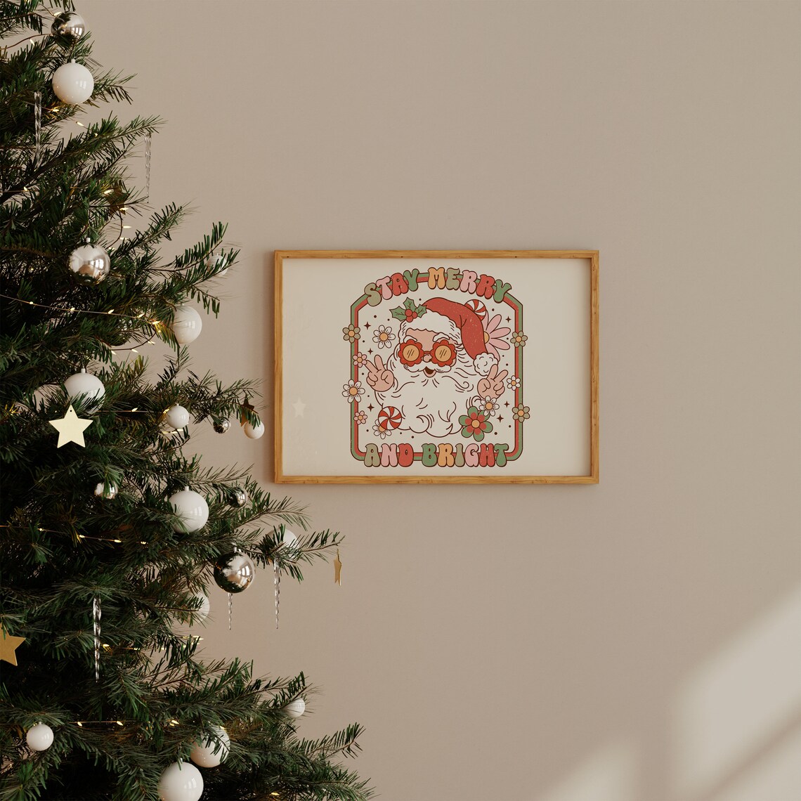 Groovy Stay Merry and Bright Retro 70s Santa Christmas Poster - Image 2