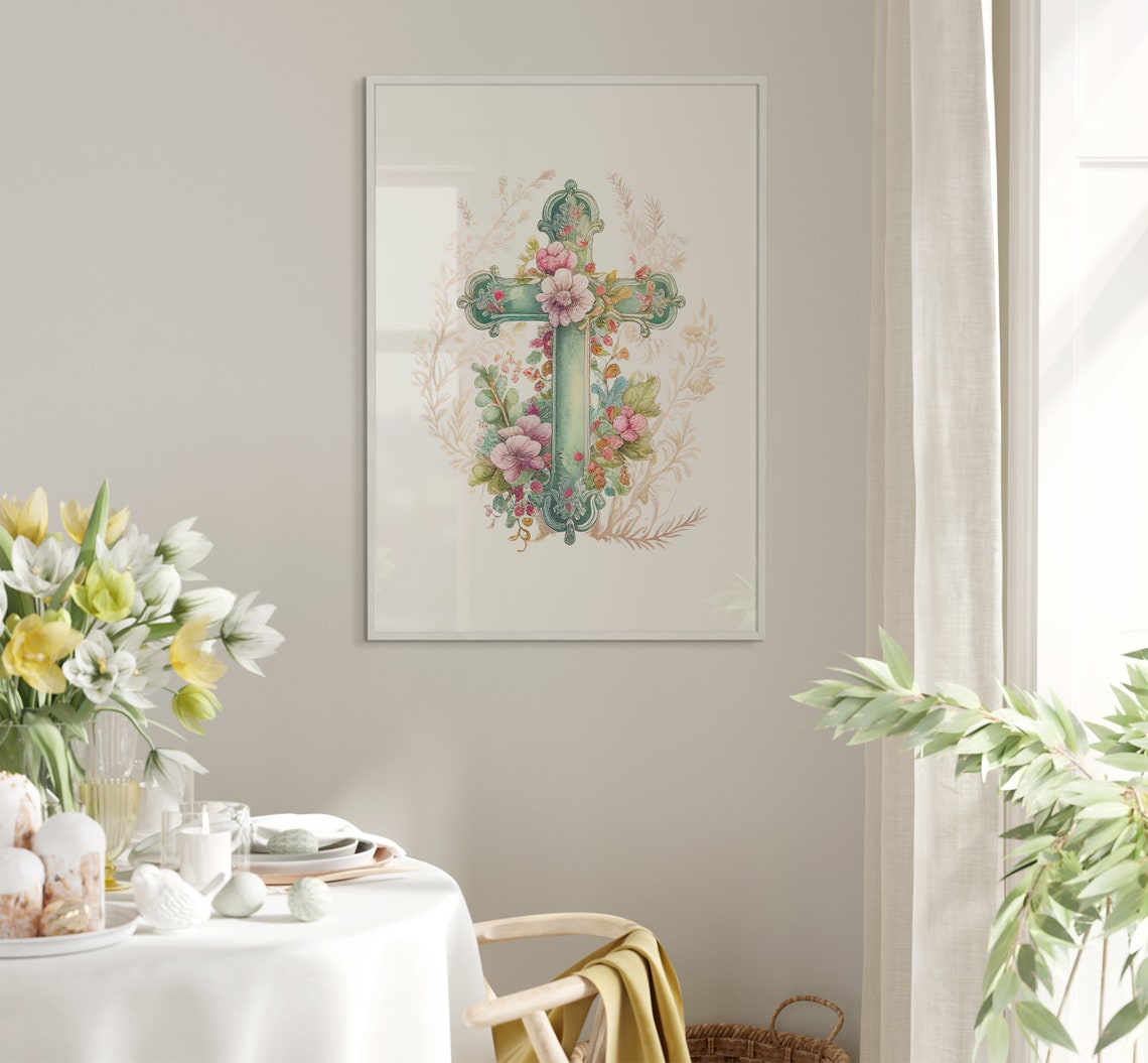 Green Floral Cross with Pink Blooms Christian Easter Watercolor Poster - Image 5