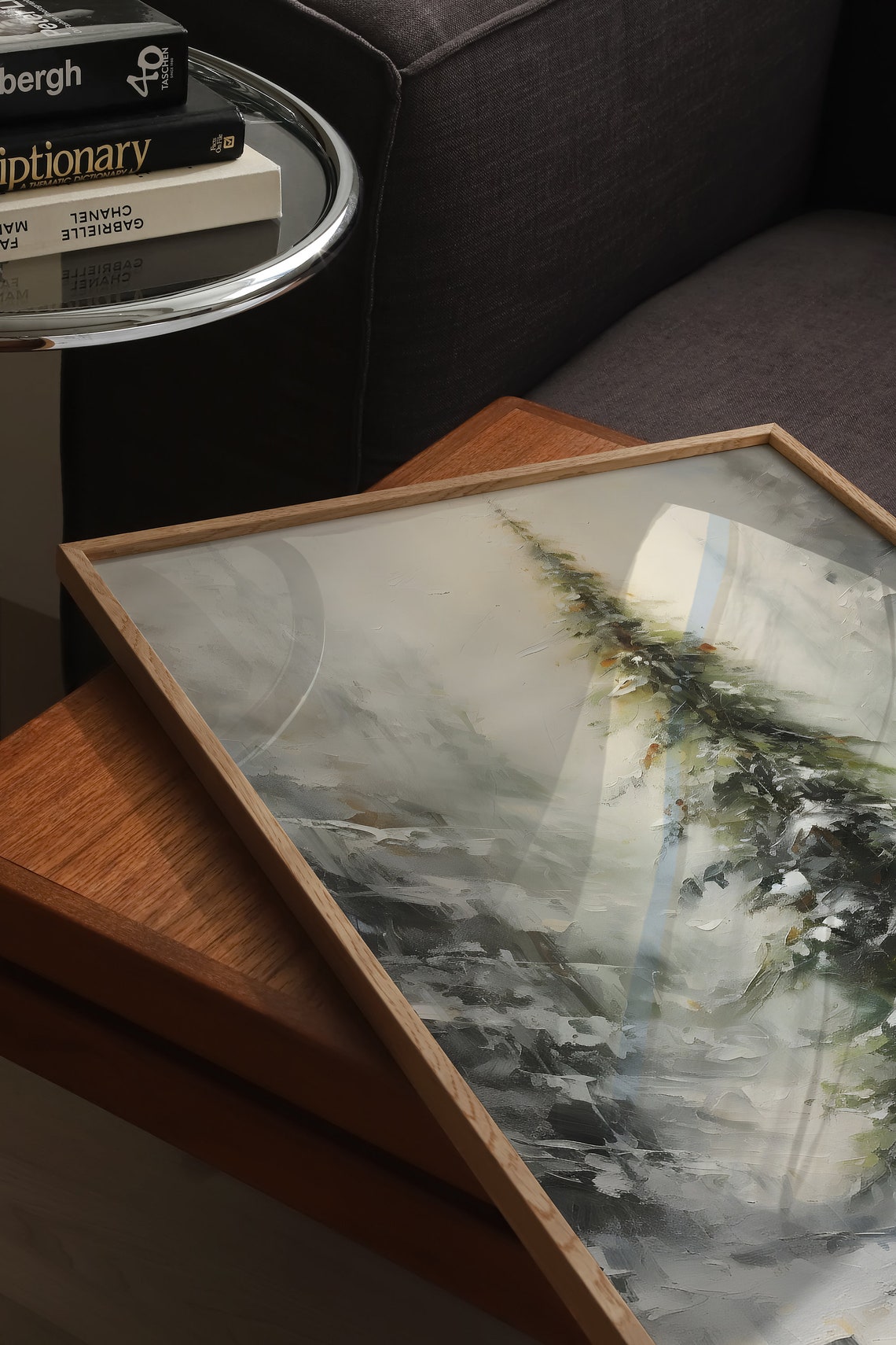 Snowy Evergreen Tree Misty Winter Forest Oil Style Christmas Wall Art - Image 5