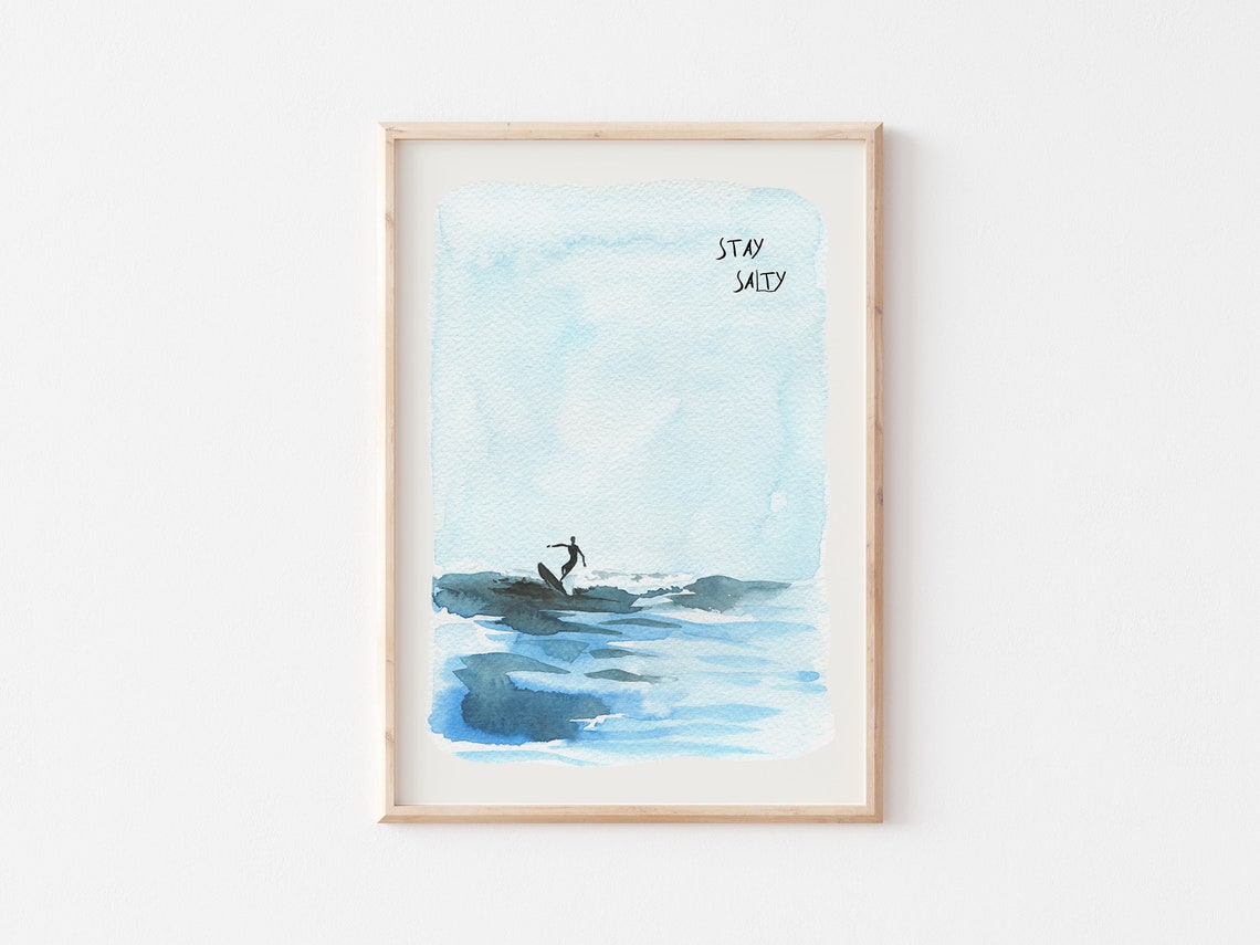 Stay Salty Surfer Silhouette Riding Ocean Wave Watercolor Poster - Image 5