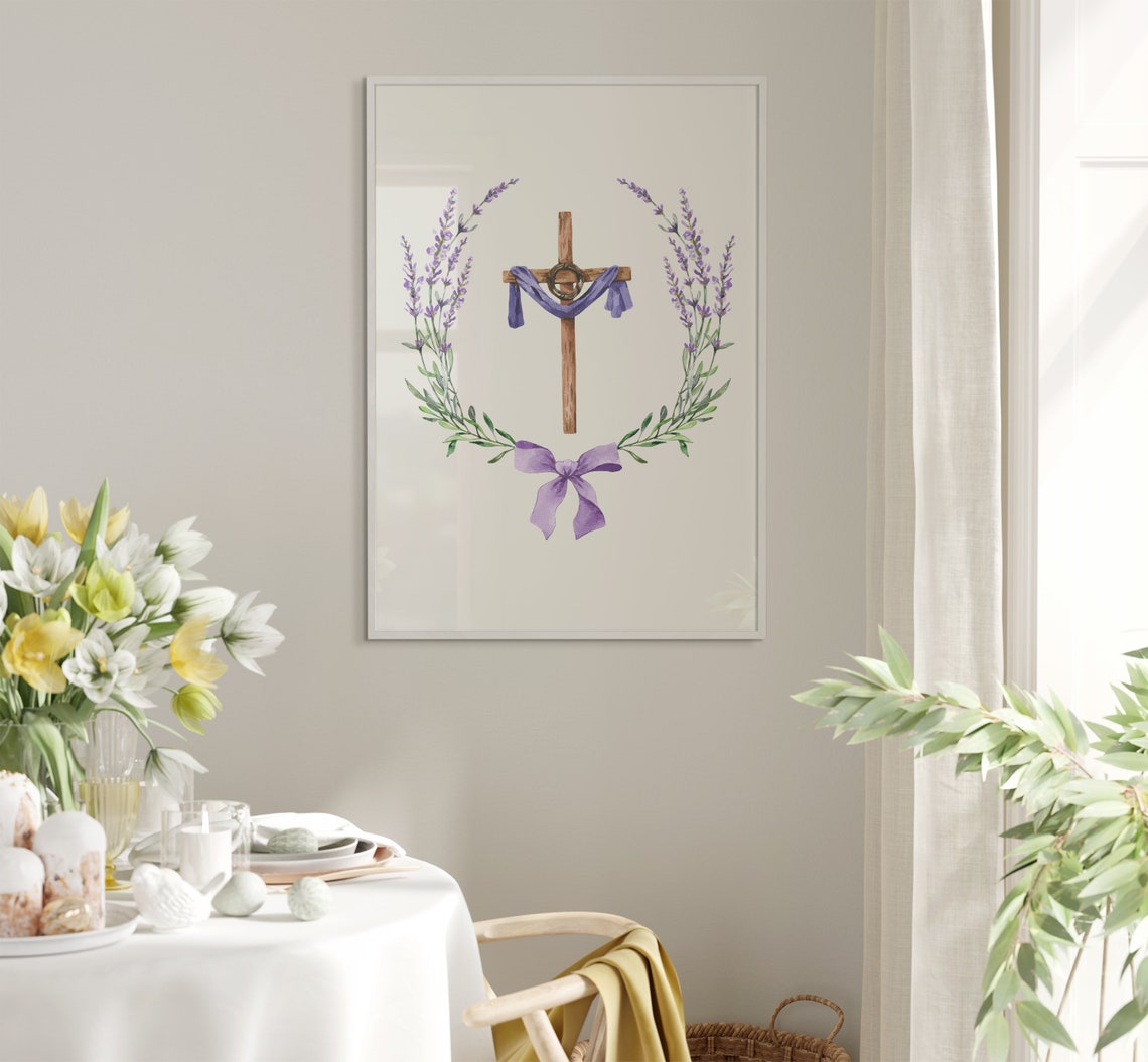 Wooden Cross With Lavender Wreath Purple Christian Easter Poster - Image 5