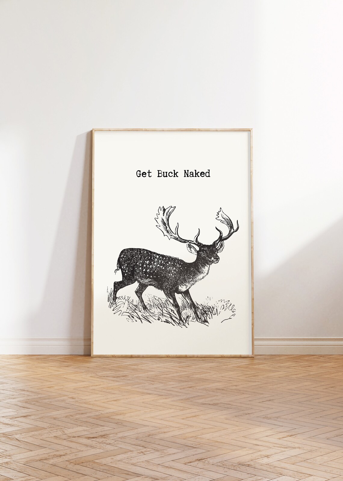 Get Buck Naked Vintage Deer Engraving Funny Bathroom Wall Poster - Image 2