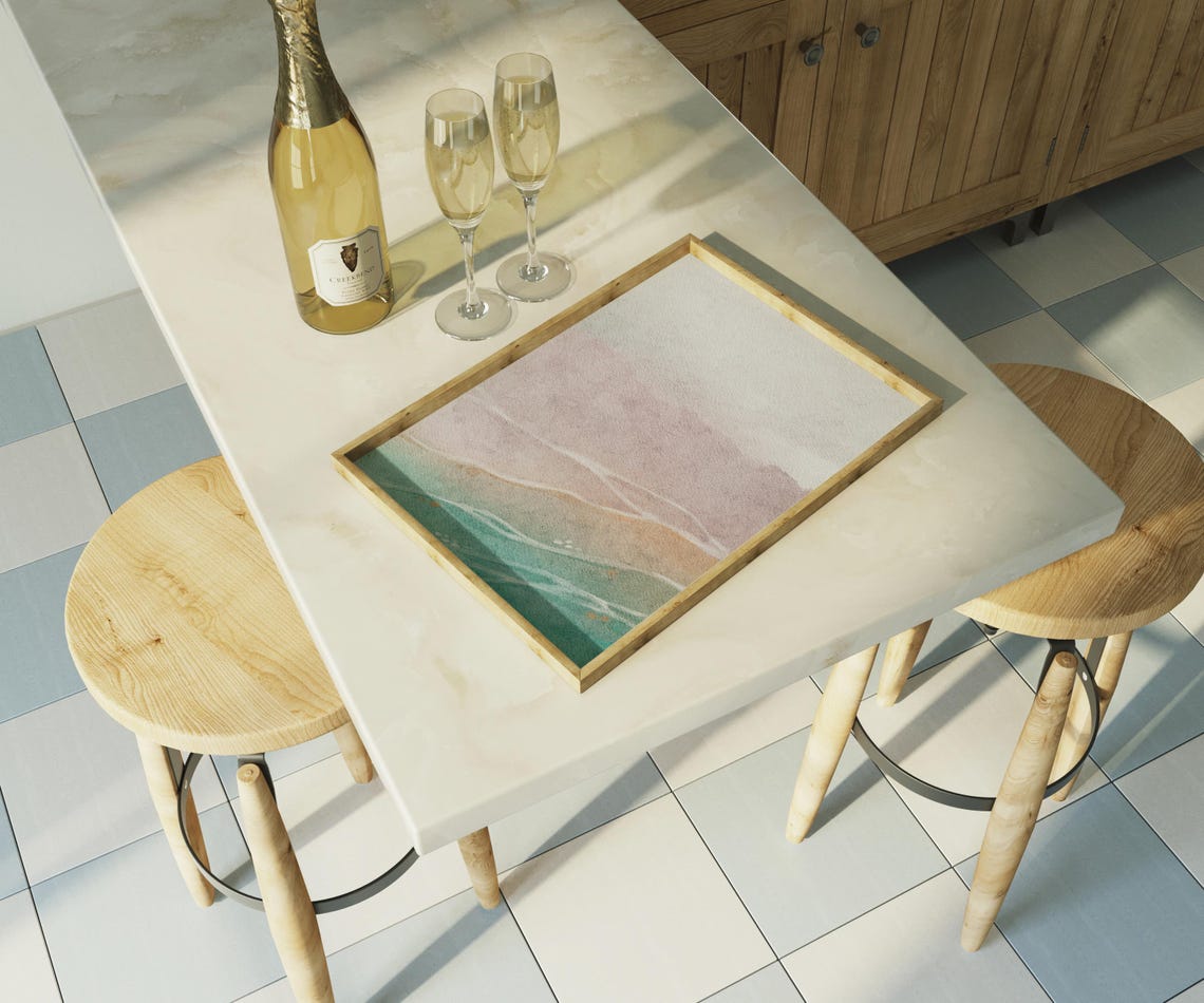 Dreamy Blush Pink Sky Over Gold Sand And Teal Ocean Waves Print - Image 2
