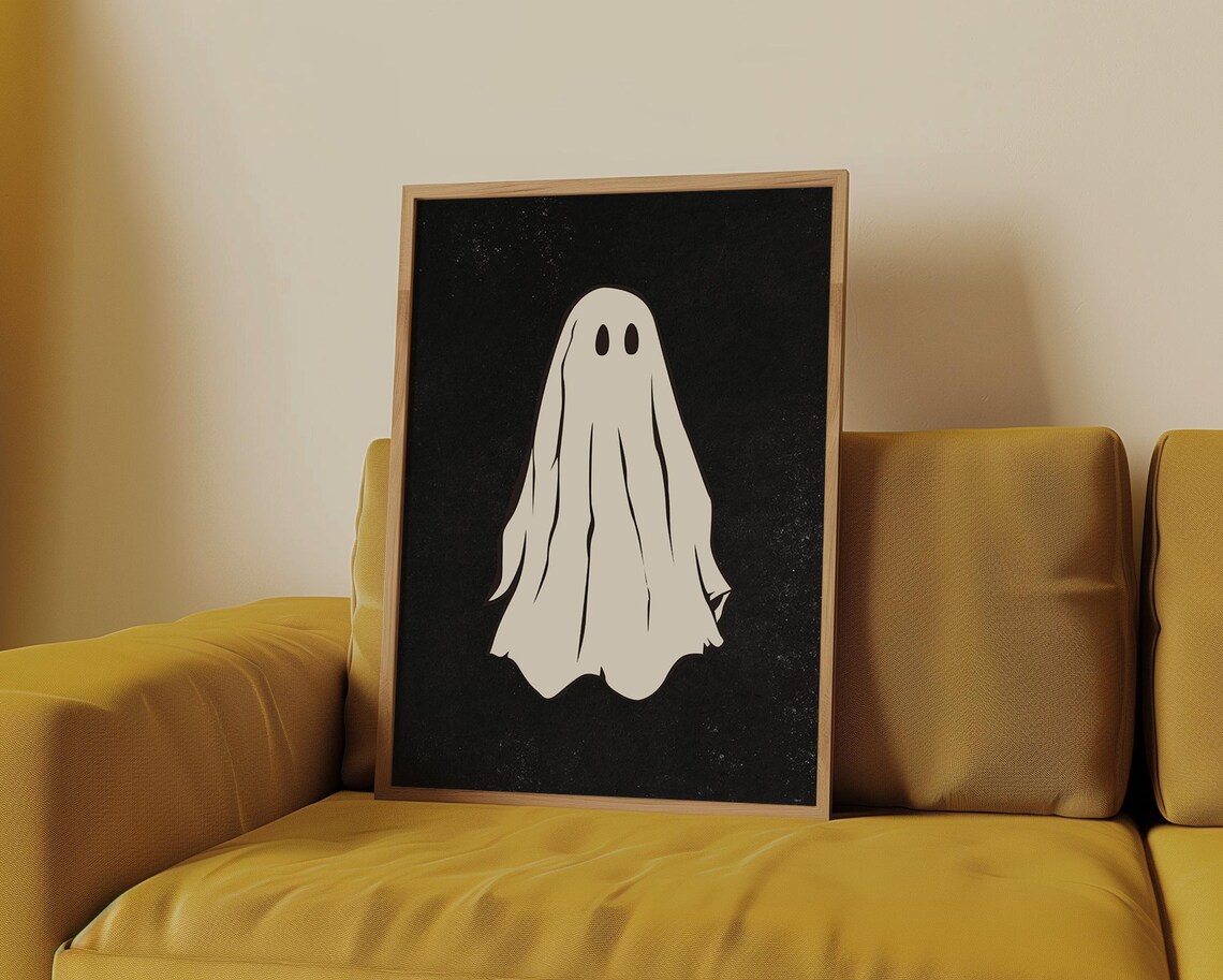 Classic White Sheet Ghost on Speckled Black Minimal Halloween Art Poster - Image 4