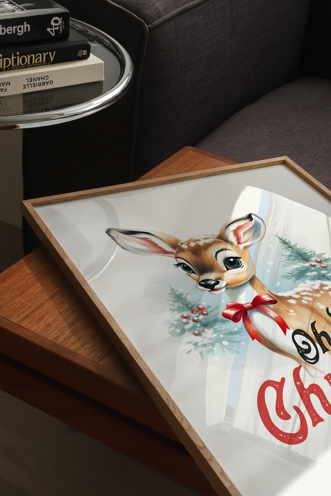 Oh Deer Christmas Is Here Cute Fawn Snowy Vintage Holiday Poster - Image 3