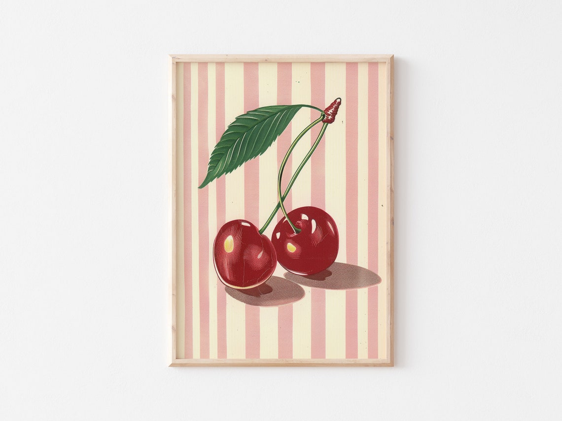 Vintage Cherry Pair Pink Striped Background Retro Art Poster - Image 2