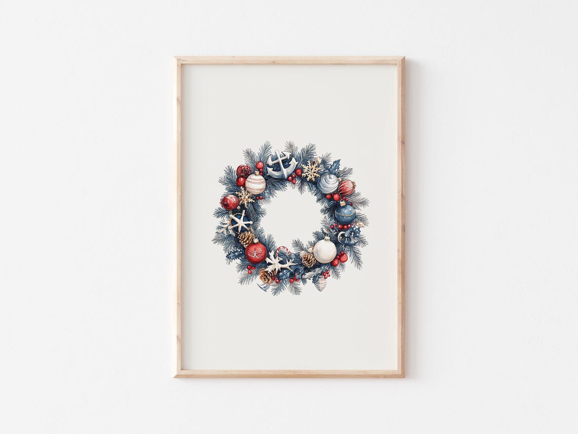 Coastal Christmas Wreath Poster with Anchors, Starfish and Shells - Image 5