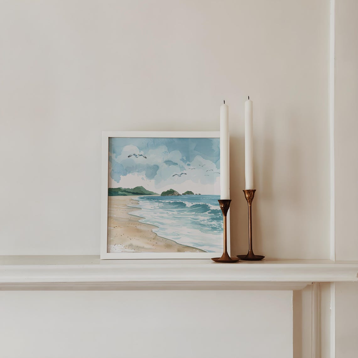 Neutral Watercolor Beach Seagulls Islands Serene Coastal Poster - Image 3