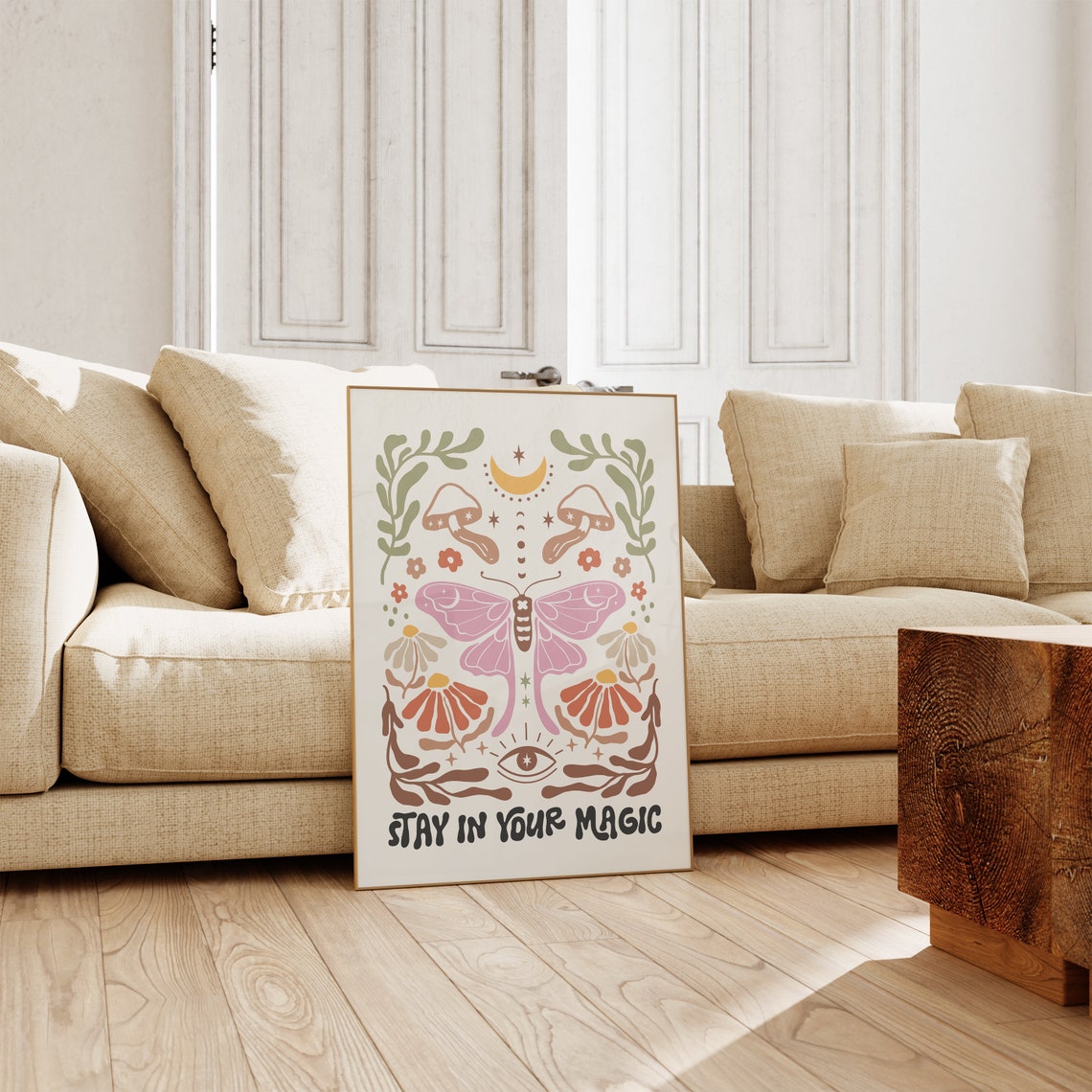 Stay in Your Magic Pink Moth Celestial Boho Floral Quote Poster - Image 2