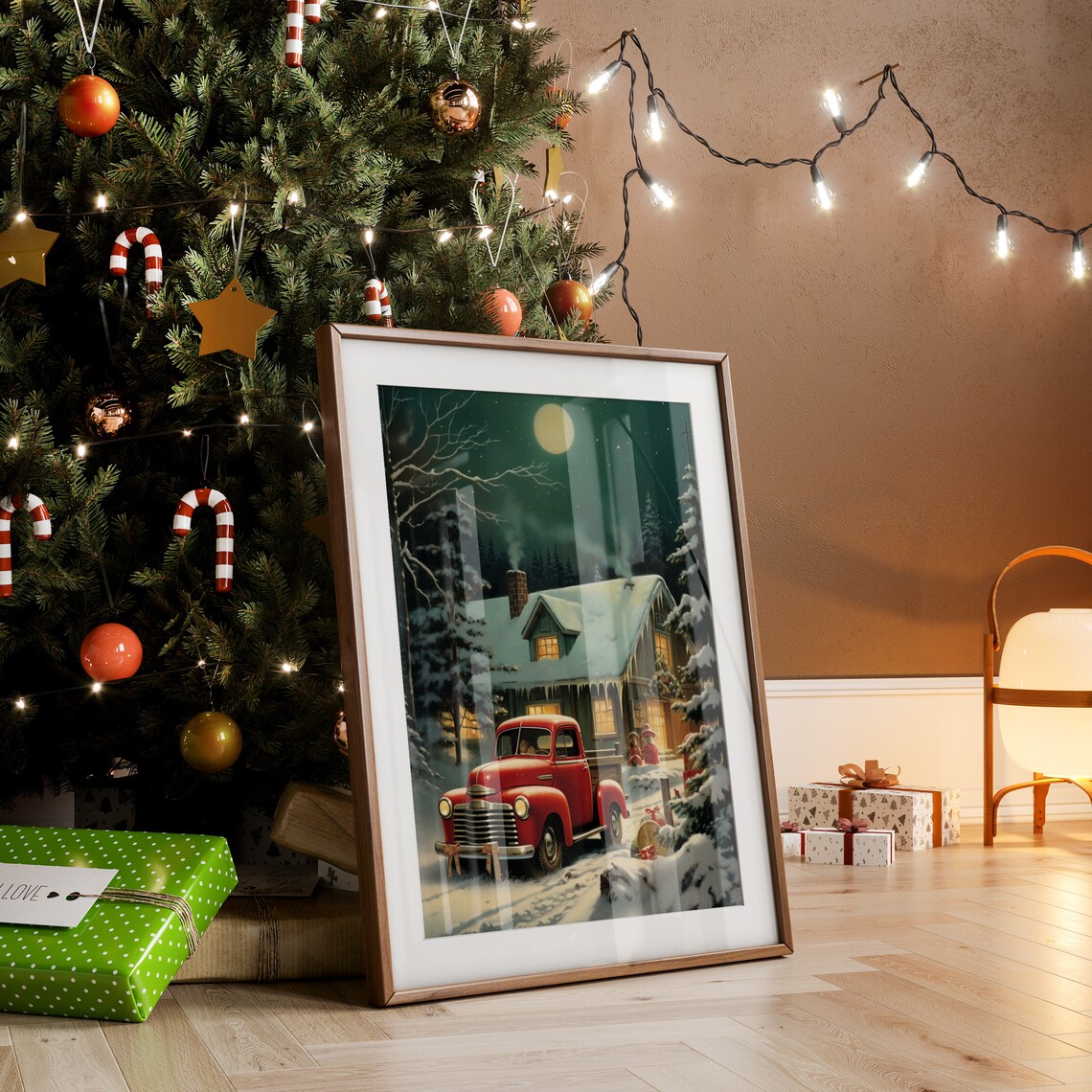 Red Vintage Truck At Snowy Cabin Moonlit Christmas Night Poster - Image 4