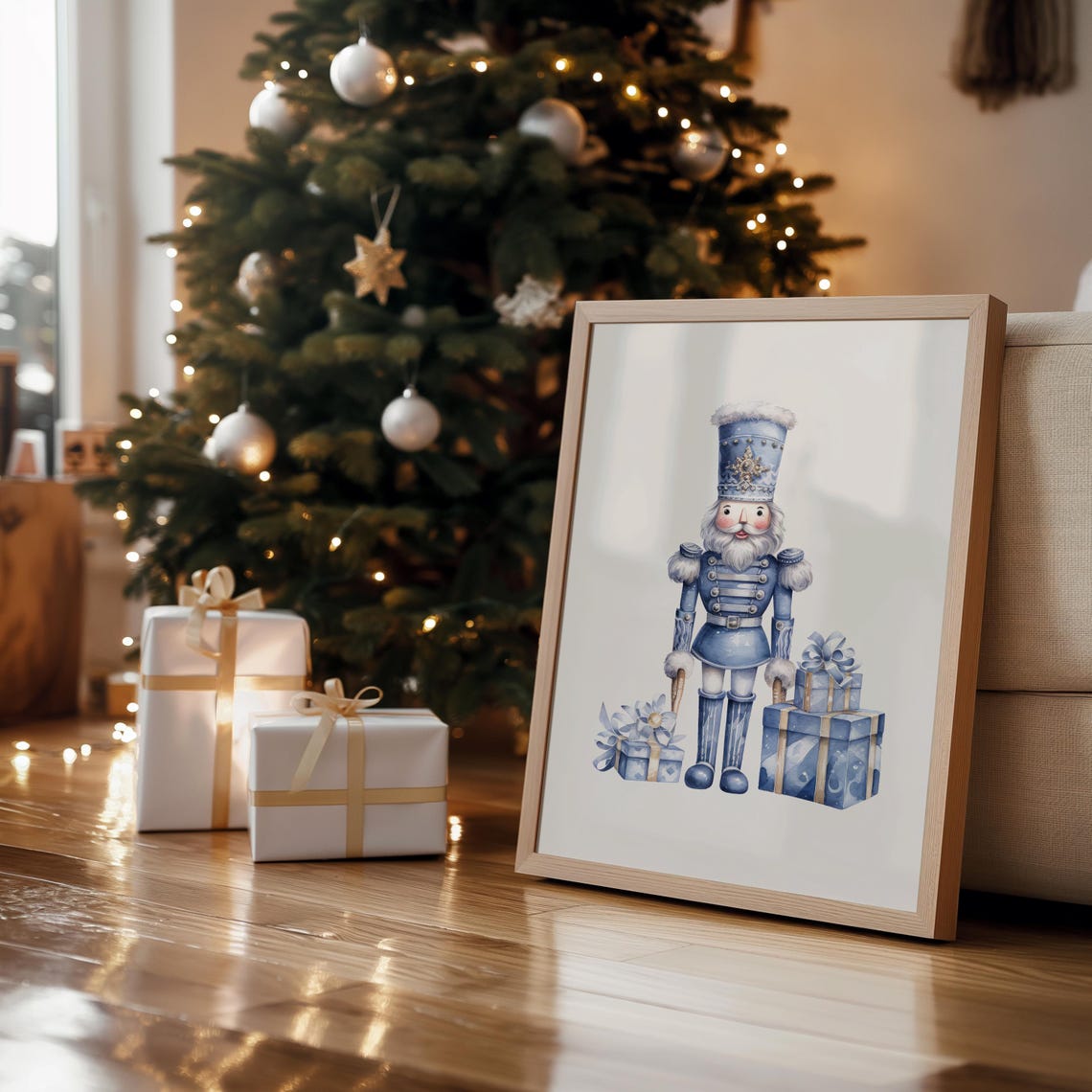 Pastel Blue Nutcracker Gifts Gold Frame Christmas Decor Poster - Image 2