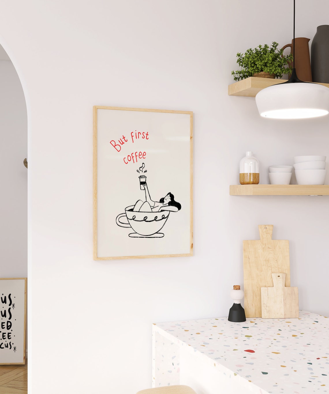 But First Coffee Woman Relaxing in a Coffee Cup Line Drawing Poster - Image 2