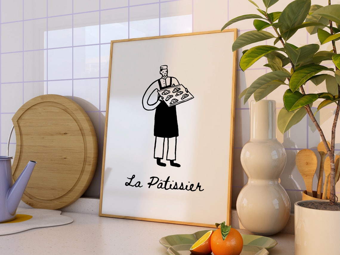 La Patissier French Chef With Croissants Black Line Kitchen Poster - Image 2