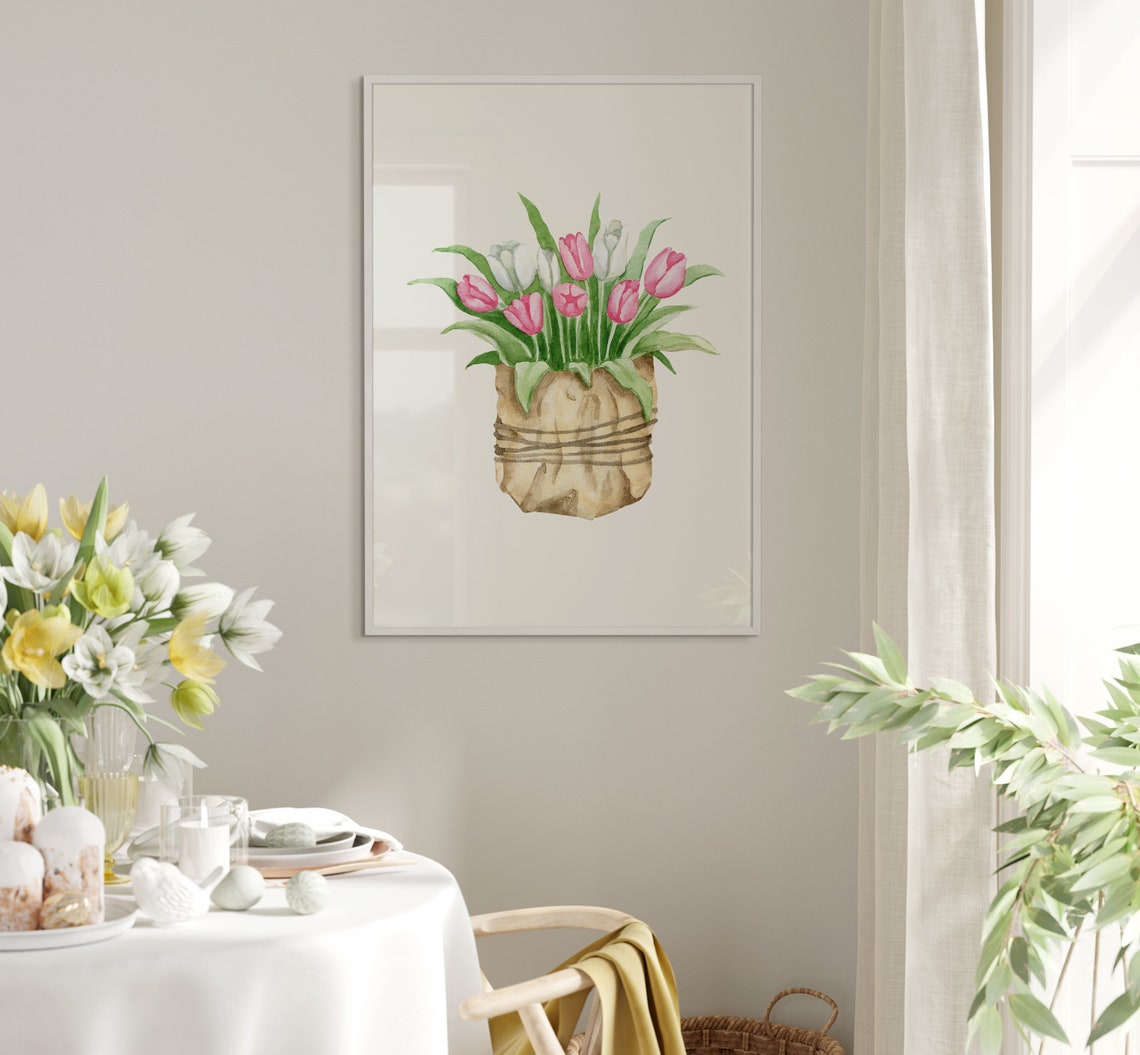 Pink and White Tulips in a Kraft Paper Bag Watercolor Spring Poster - Image 5