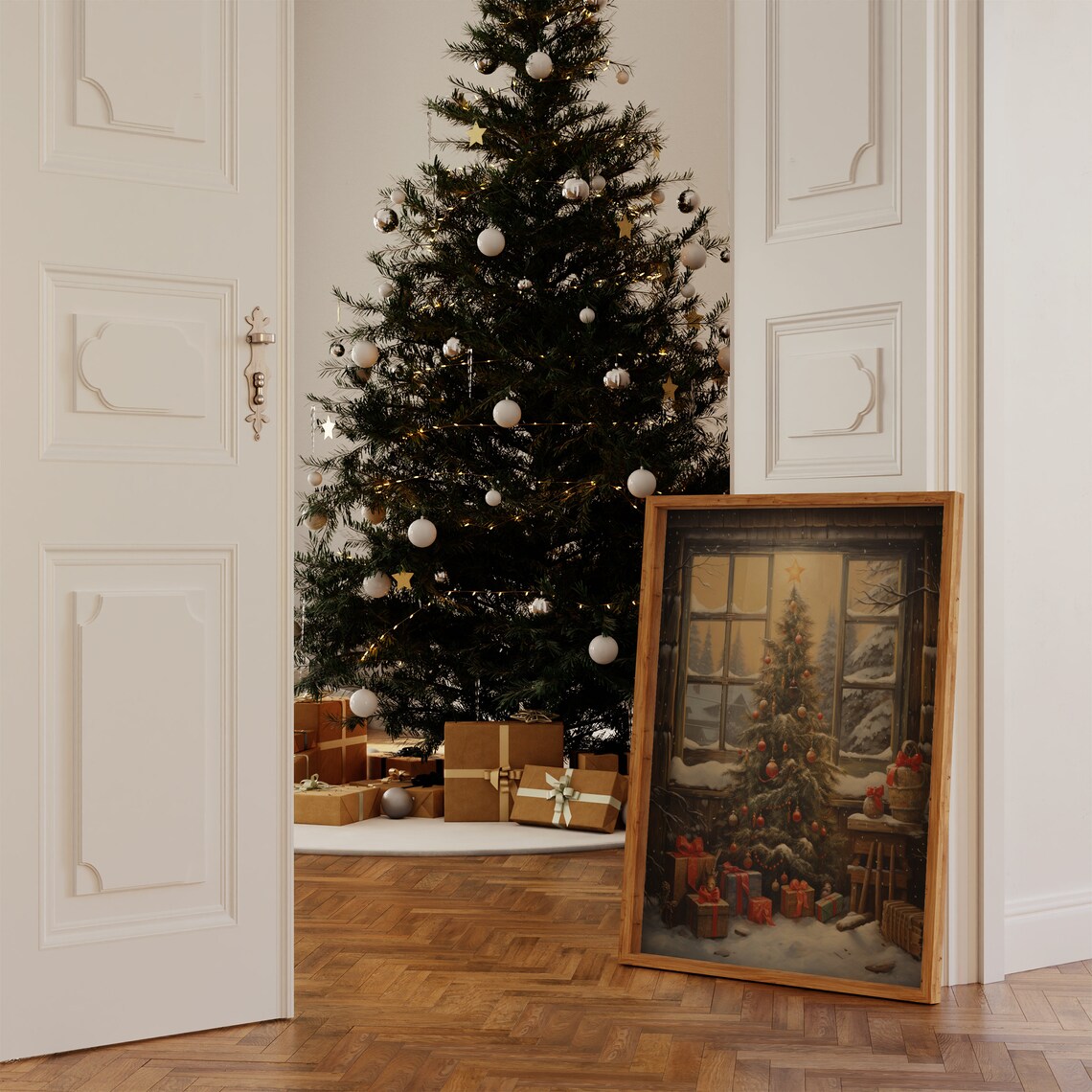 Vintage Christmas Tree By Snowy Cabin Window Winter Village Poster - Image 4