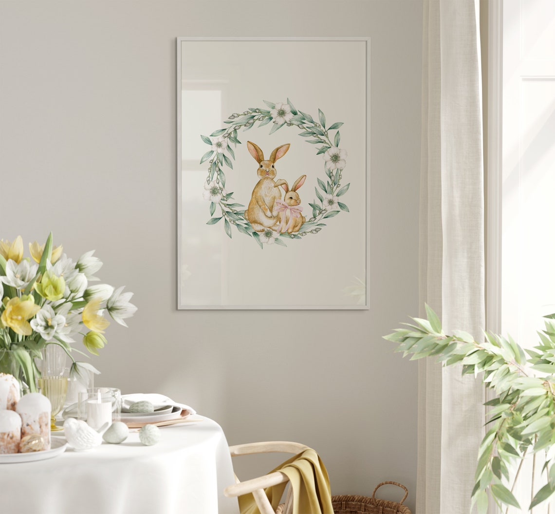 Two Sweet Bunnies in a Floral Wreath Watercolor Easter Poster - Image 5