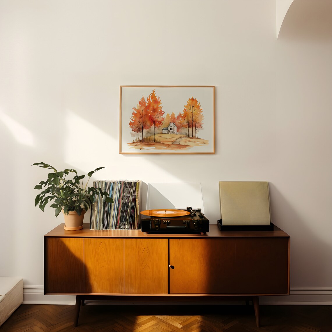 Watercolor Autumn Farmhouse With Fiery Orange Trees Scene Poster - Image 3
