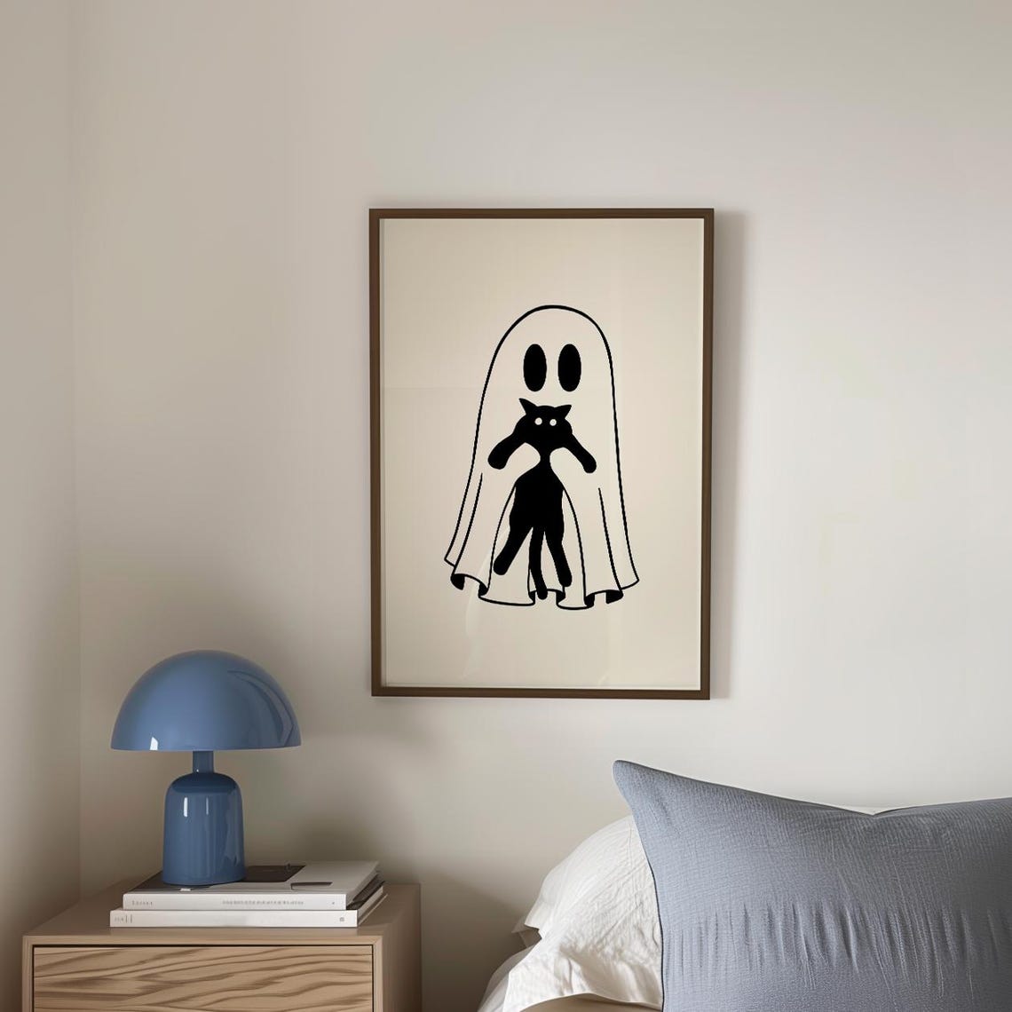 Cute Ghost Holding Black Cat Minimalist Halloween Art Poster - Image 3