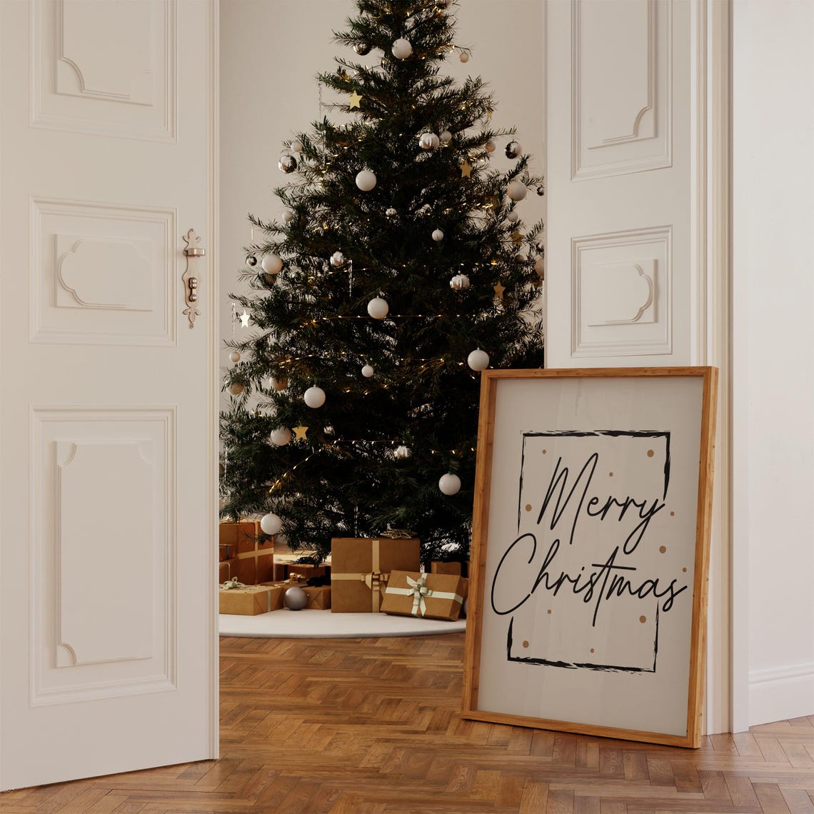 Merry Christmas Script in Black Frame With Gold Dots Holiday Poster - Image 2