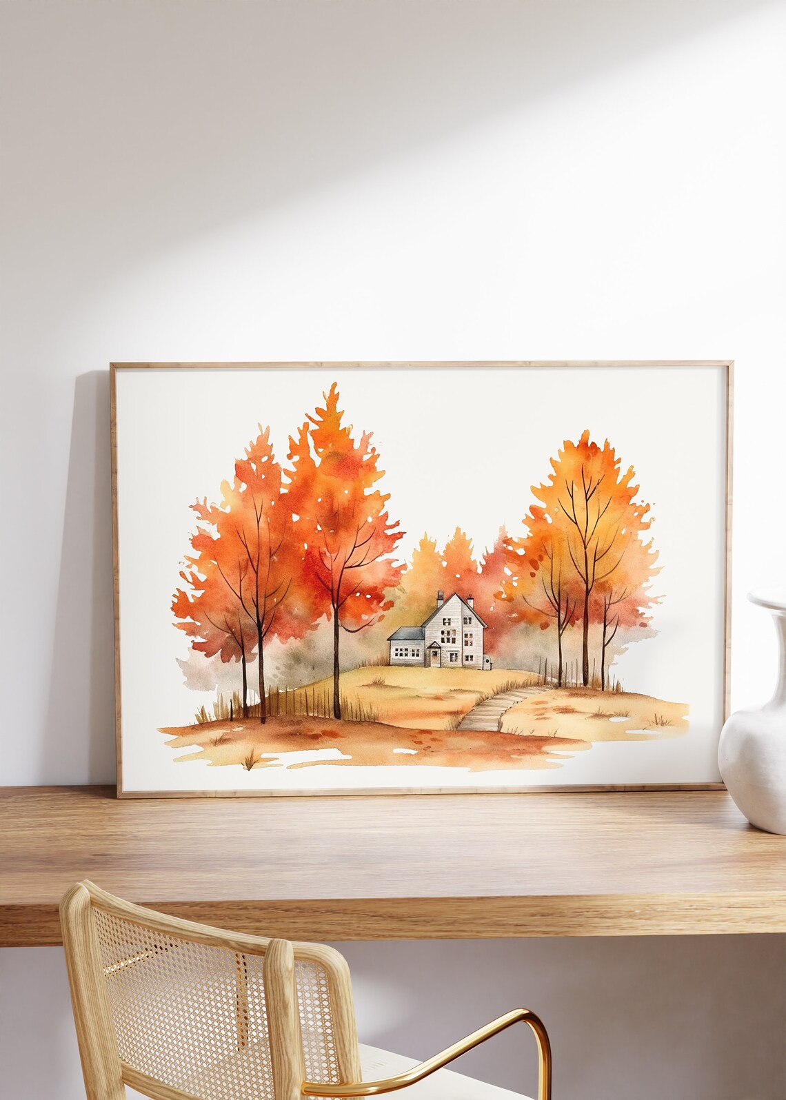 Watercolor Autumn Farmhouse With Fiery Orange Trees Scene Poster - Image 4