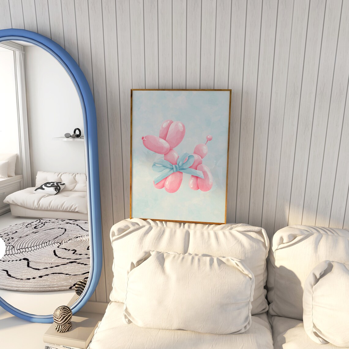 Pink Balloon Dog With Blue Bow Pastel Coquette Room Decor Poster - Image 3
