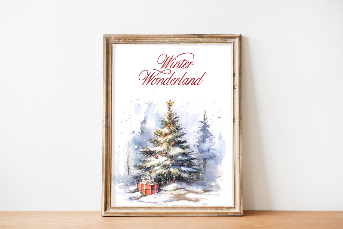 Winter Wonderland Script Snowy Christmas Tree Watercolor Poster - Image 3