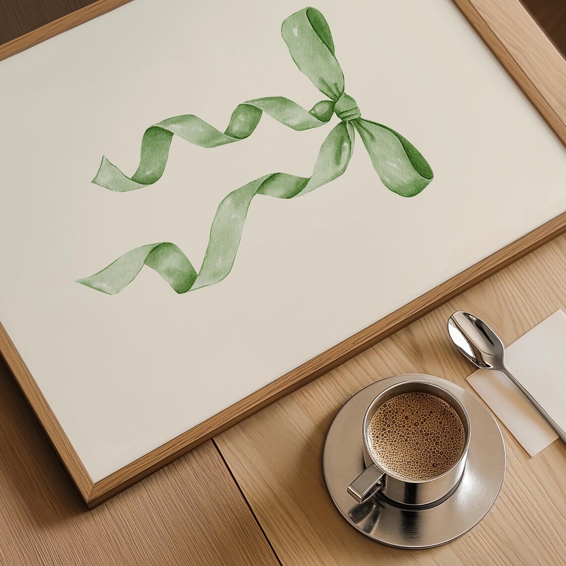 Sage Green Watercolor Ribbon Bow With Flowing Tails Coquette Print - Image 3