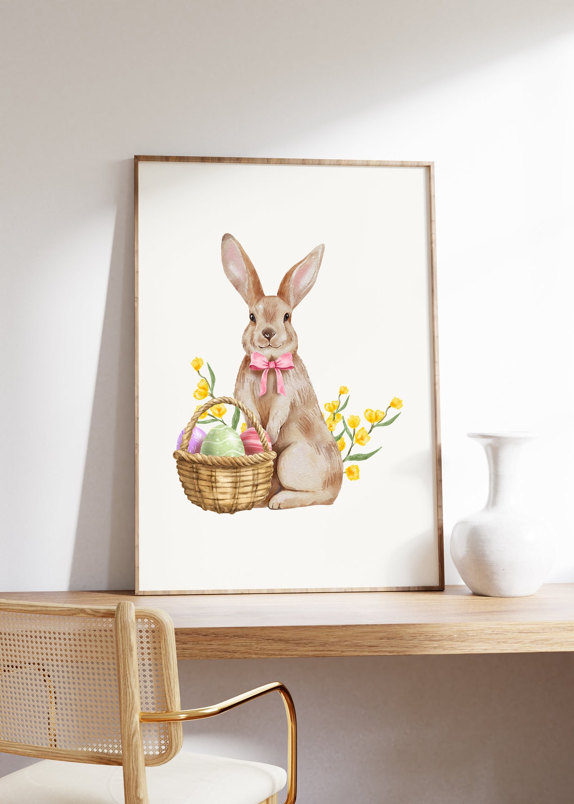 Easter Bunny with a Basket of Painted Eggs Watercolor Poster - Image 2