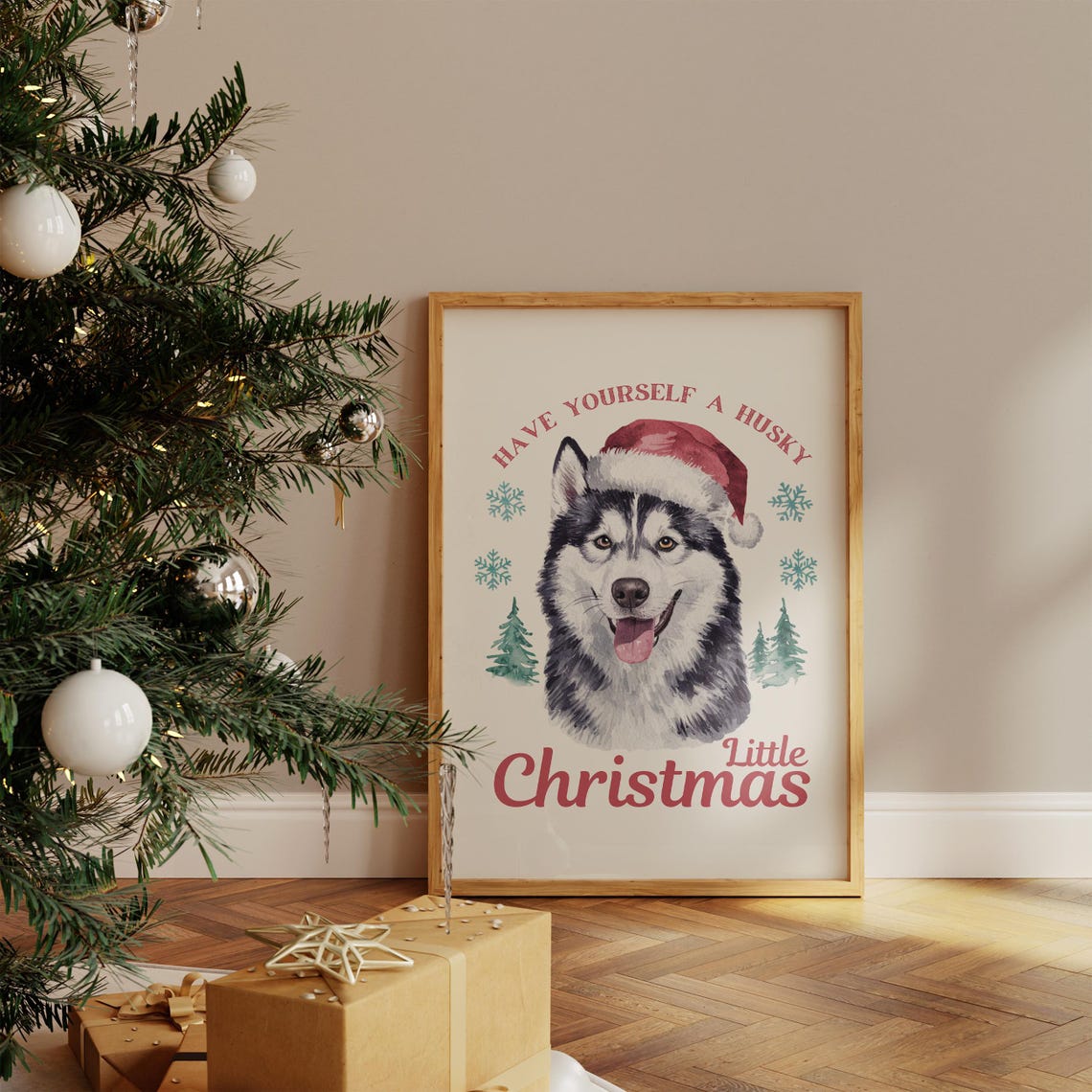 Have Yourself A Husky Little Christmas Santa Hat Dog Art Poster - Image 3