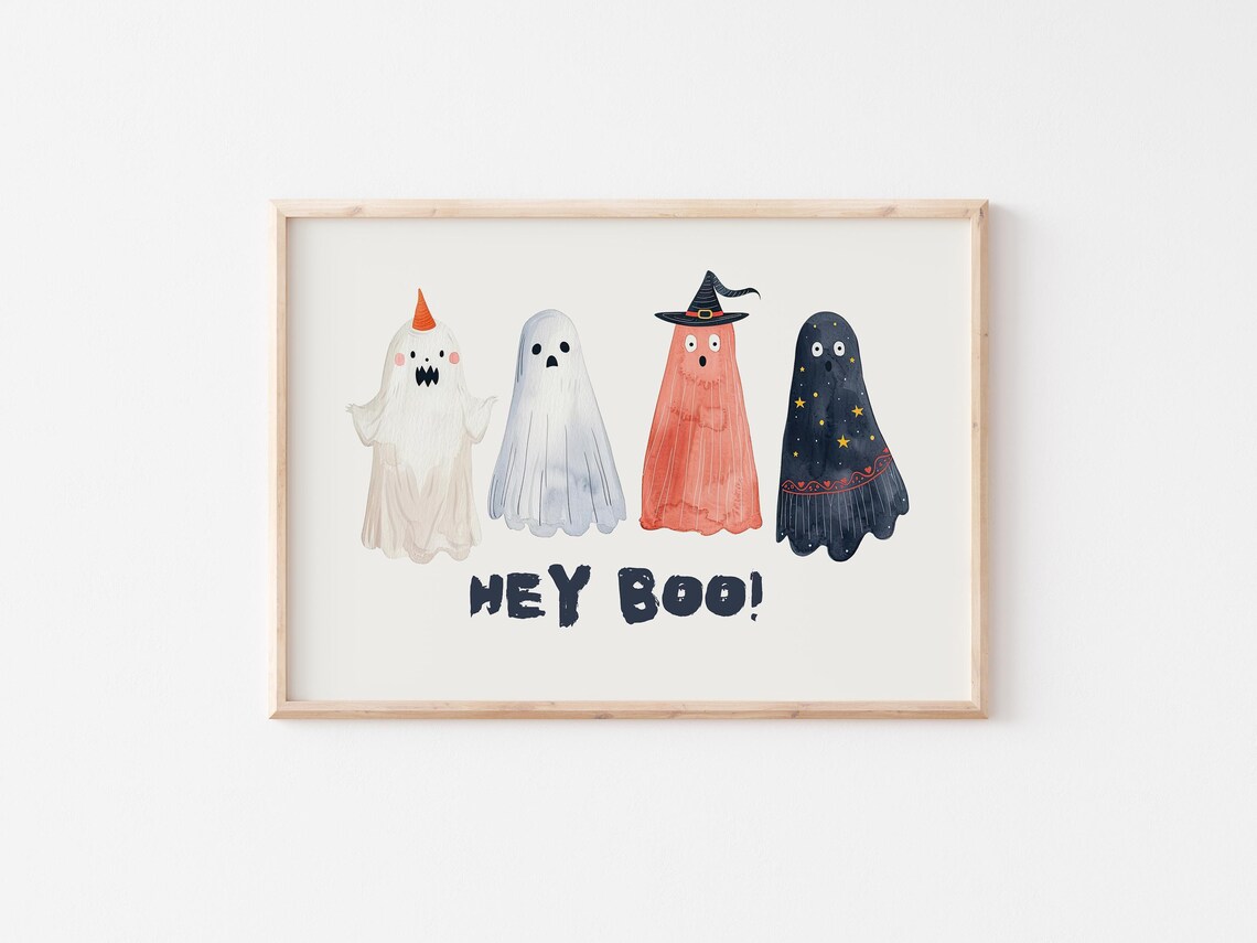 Hey Boo Four Watercolor Ghosts In Costumes Cute Halloween Poster - Image 4