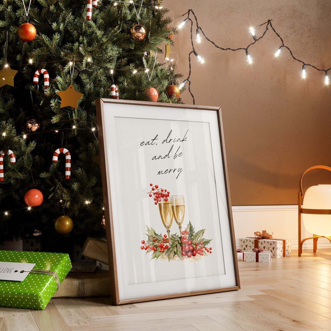 Eat Drink and Be Merry Watercolor Champagne Toast Bar Cart Holiday Poster - Image 2