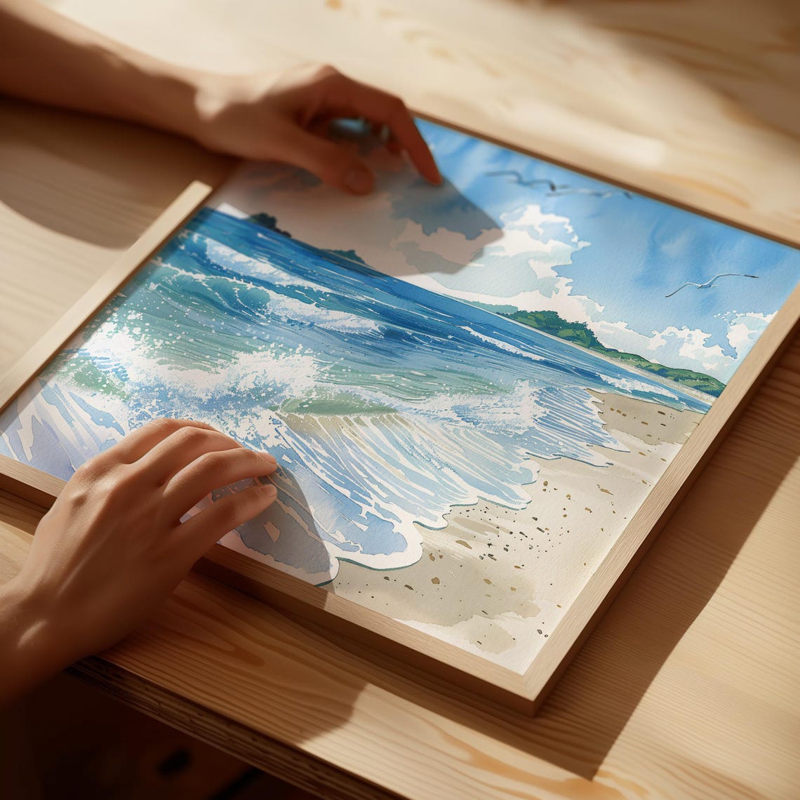 Bright Blue Ocean Waves Sandy Beach Watercolor Summer Poster - Image 4