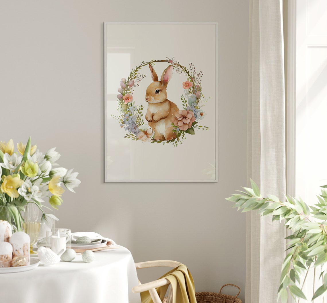 Watercolor Bunny Sitting In Floral Wreath Dusty Pink Rabbit Poster - Image 5