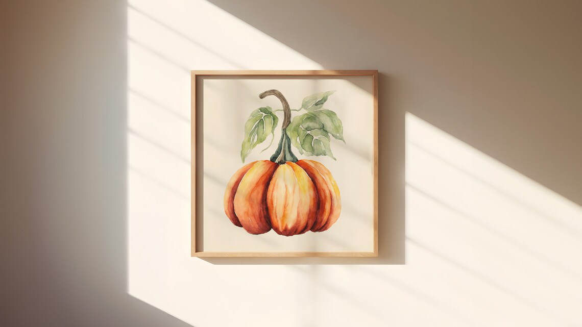 Watercolor Orange Pumpkin With Green Leaves Autumn Art Poster - Image 2
