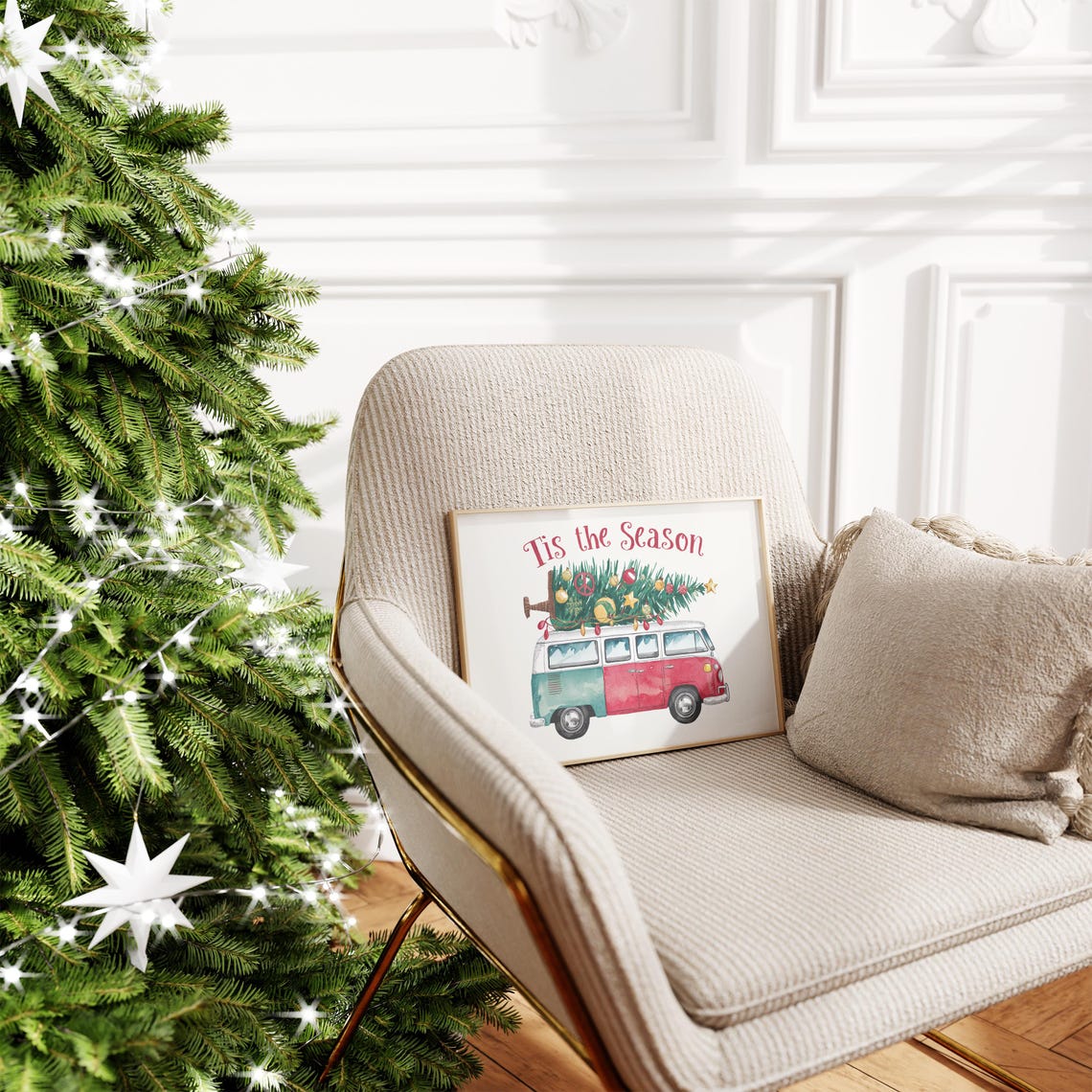 Tis The Season Retro VW Bus Christmas Tree Watercolor Poster - Image 4