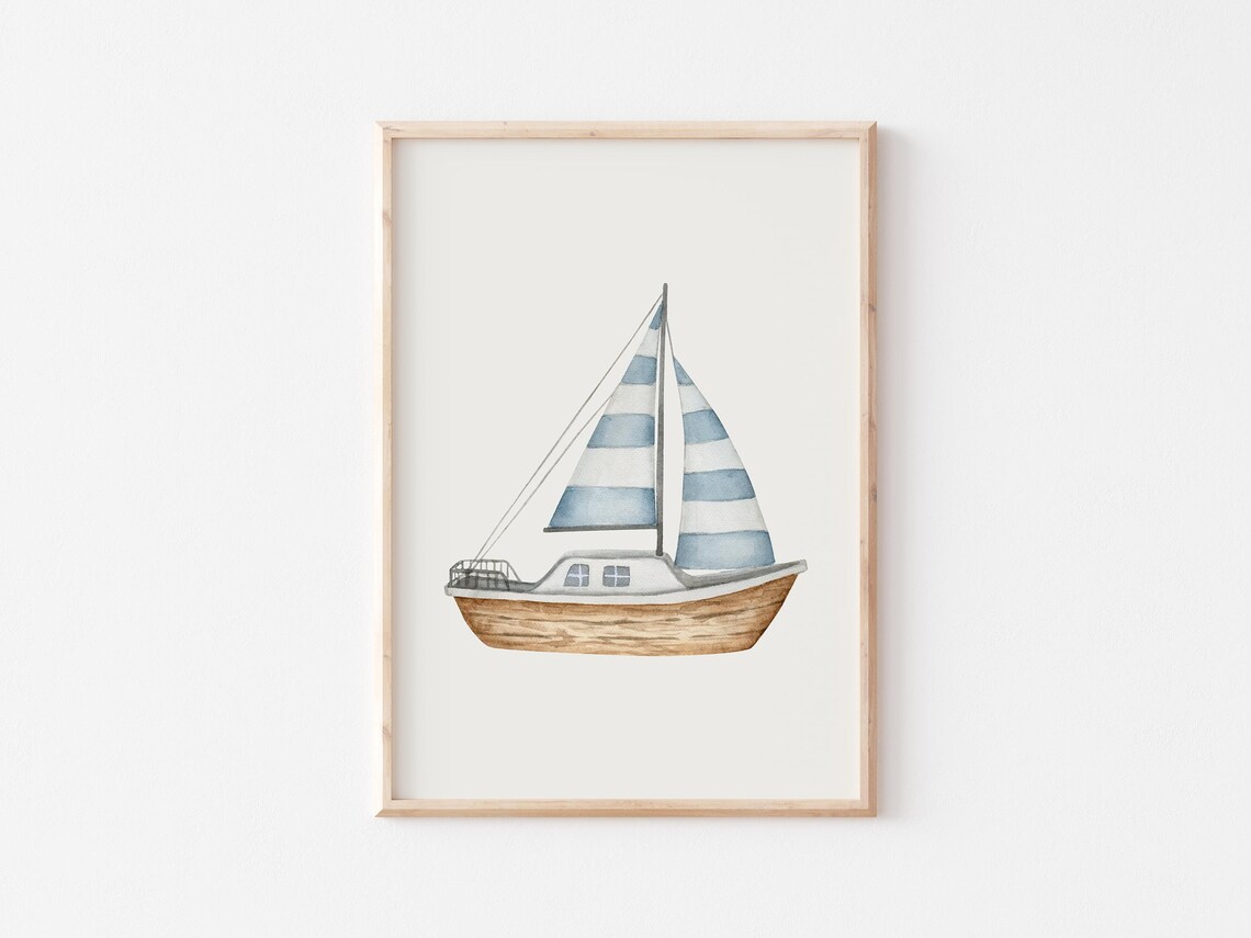 Wooden Sailboat Blue White Striped Sails Gentle Watercolor Sea Poster - Image 3