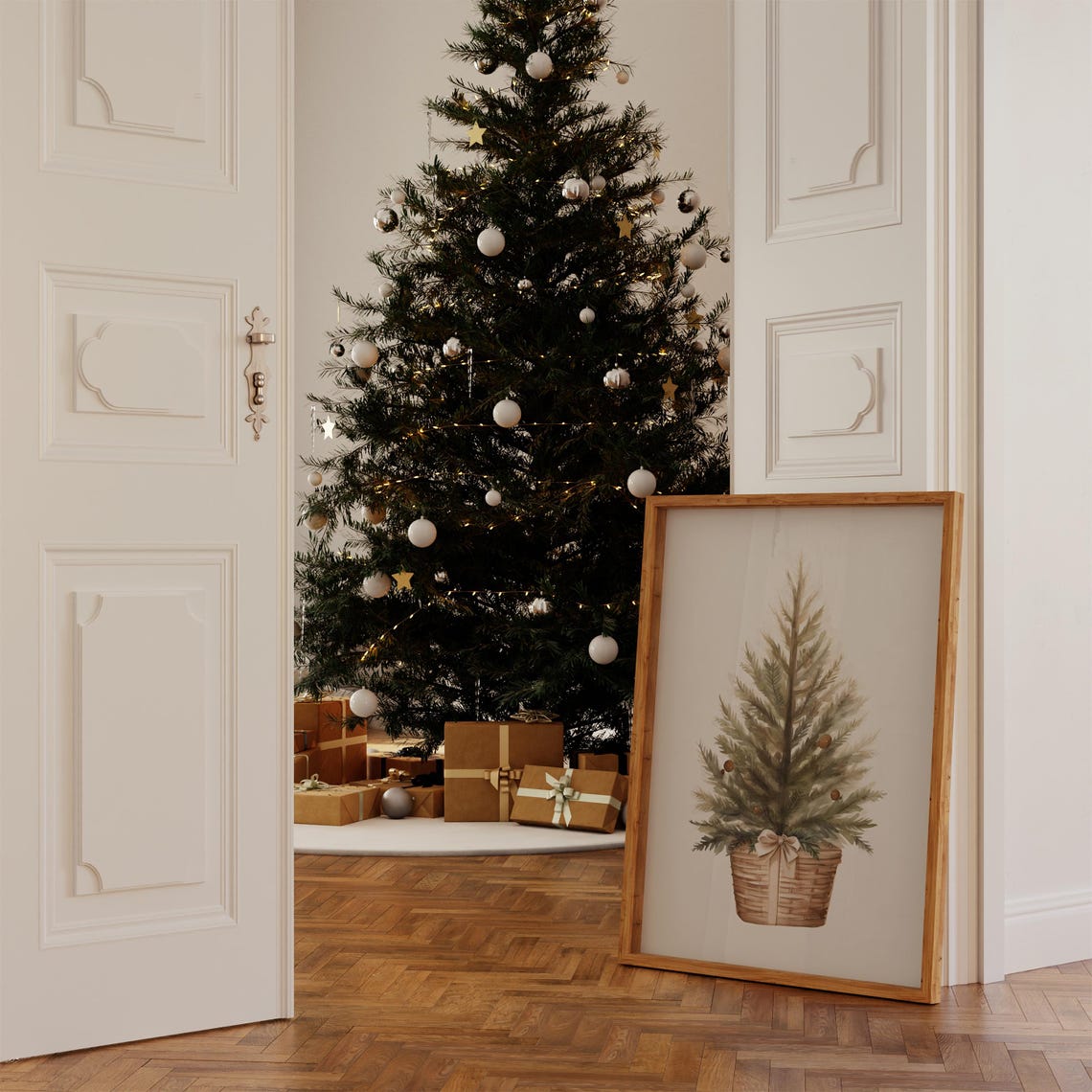 Watercolor Christmas Tree in Woven Basket Neutral Holiday Wall Art - Image 3