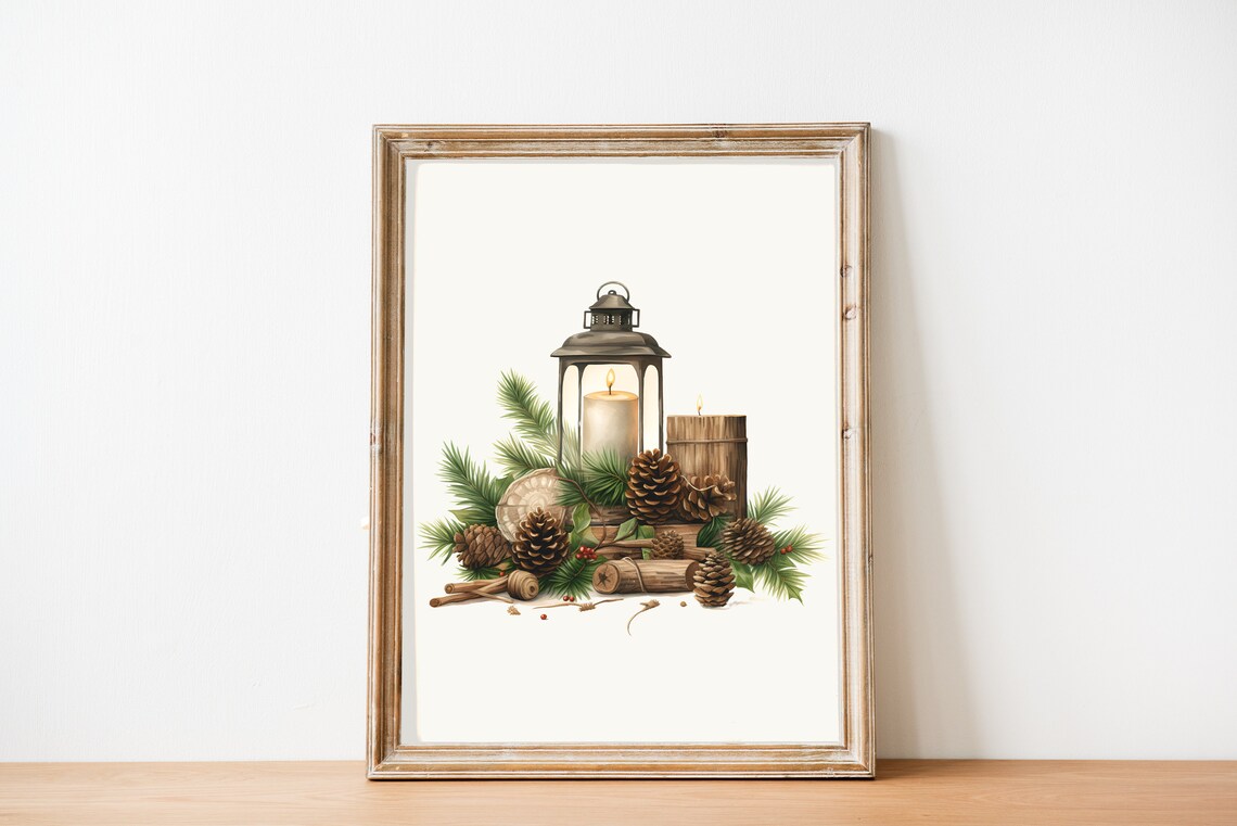 Rustic Christmas Lantern Pinecones Watercolor Holiday Scene Poster - Image 3